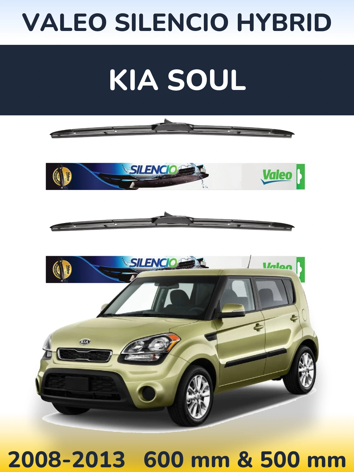 Sada předních stěračů Valeo Silencio Hybrid 600 a 500 mm pro KIA Soul 2008-2013