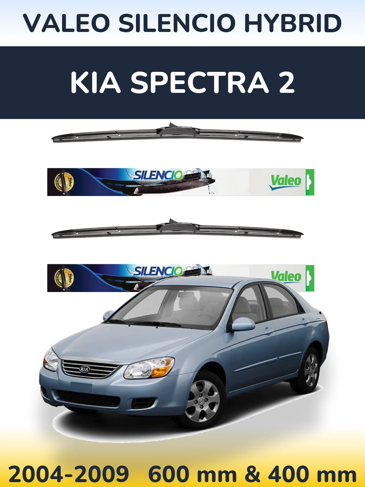 Sada předních stěračů Valeo Silencio Hybrid 600 a 400 mm pro KIA Spectra 2 2004-2009