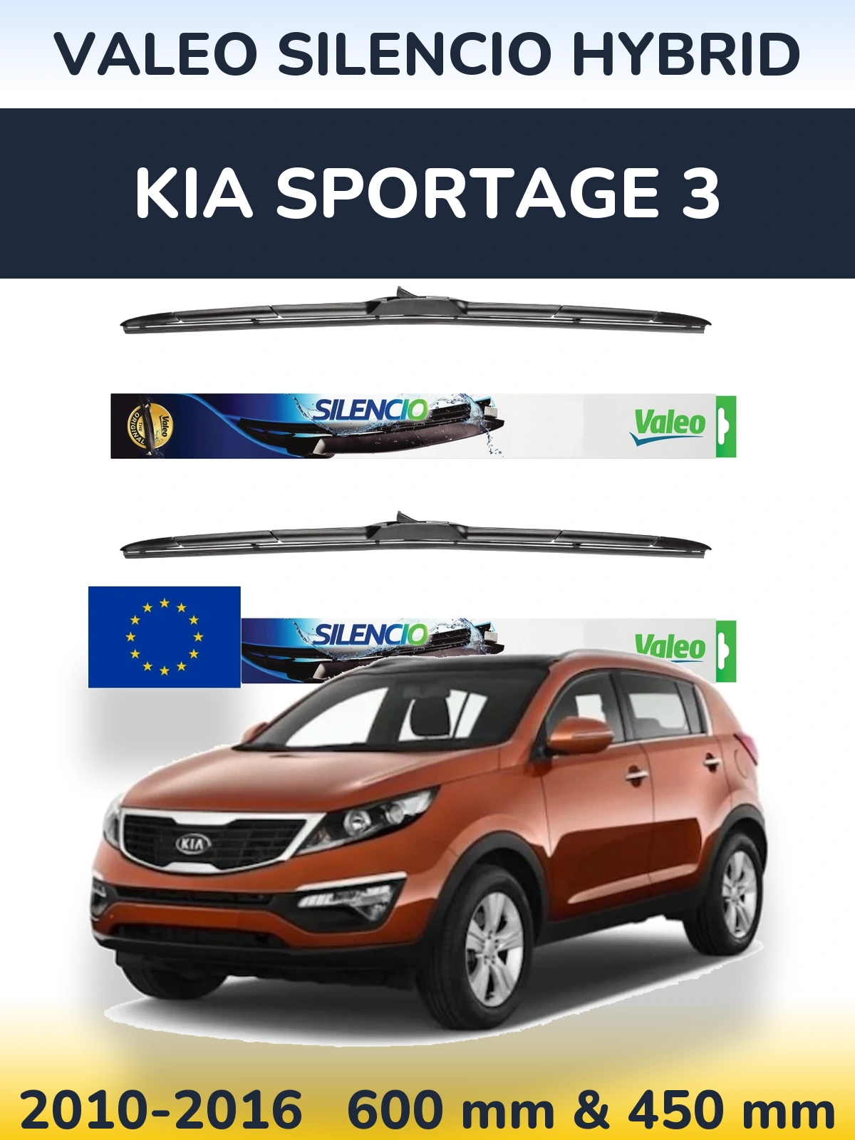 Sada předních stěračů Valeo Silencio Hybrid 600 a 450 mm pro KIA Sportage 3 2010-2016