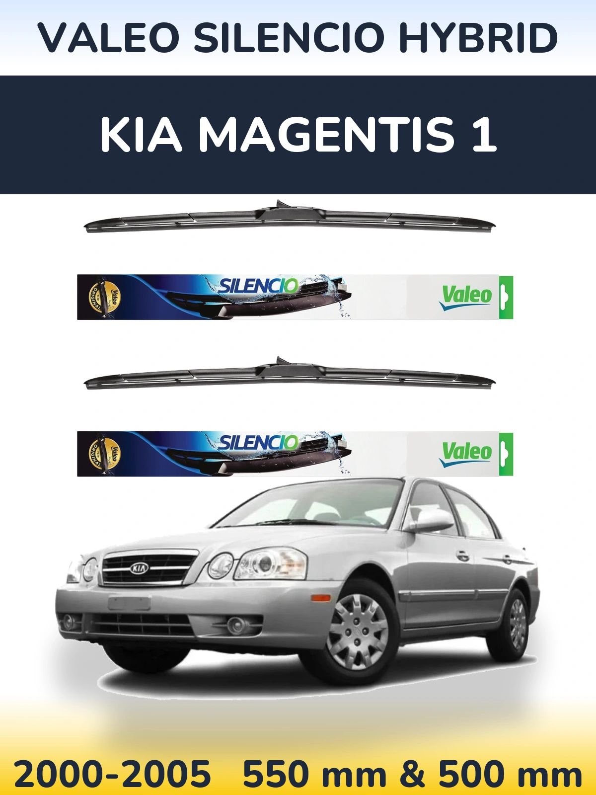 Sada předních stěračů Valeo Silencio Hybrid 550 a 500 mm pro KIA Magentis 1 2000-2005