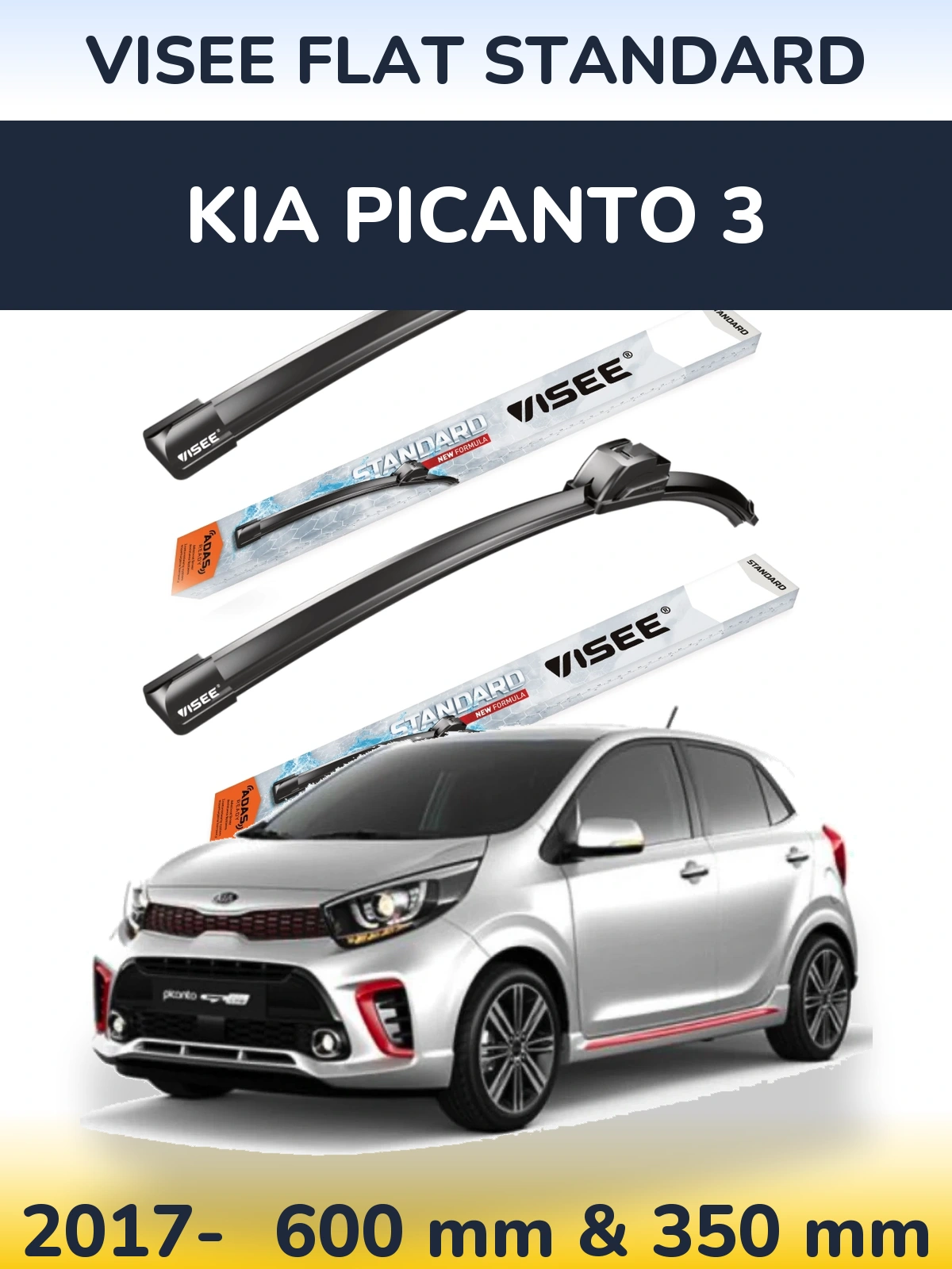 Sada předních stěračů VISEE FLAT STANDARD 600 a 350 mm pro KIA Picanto 3 2017-2026