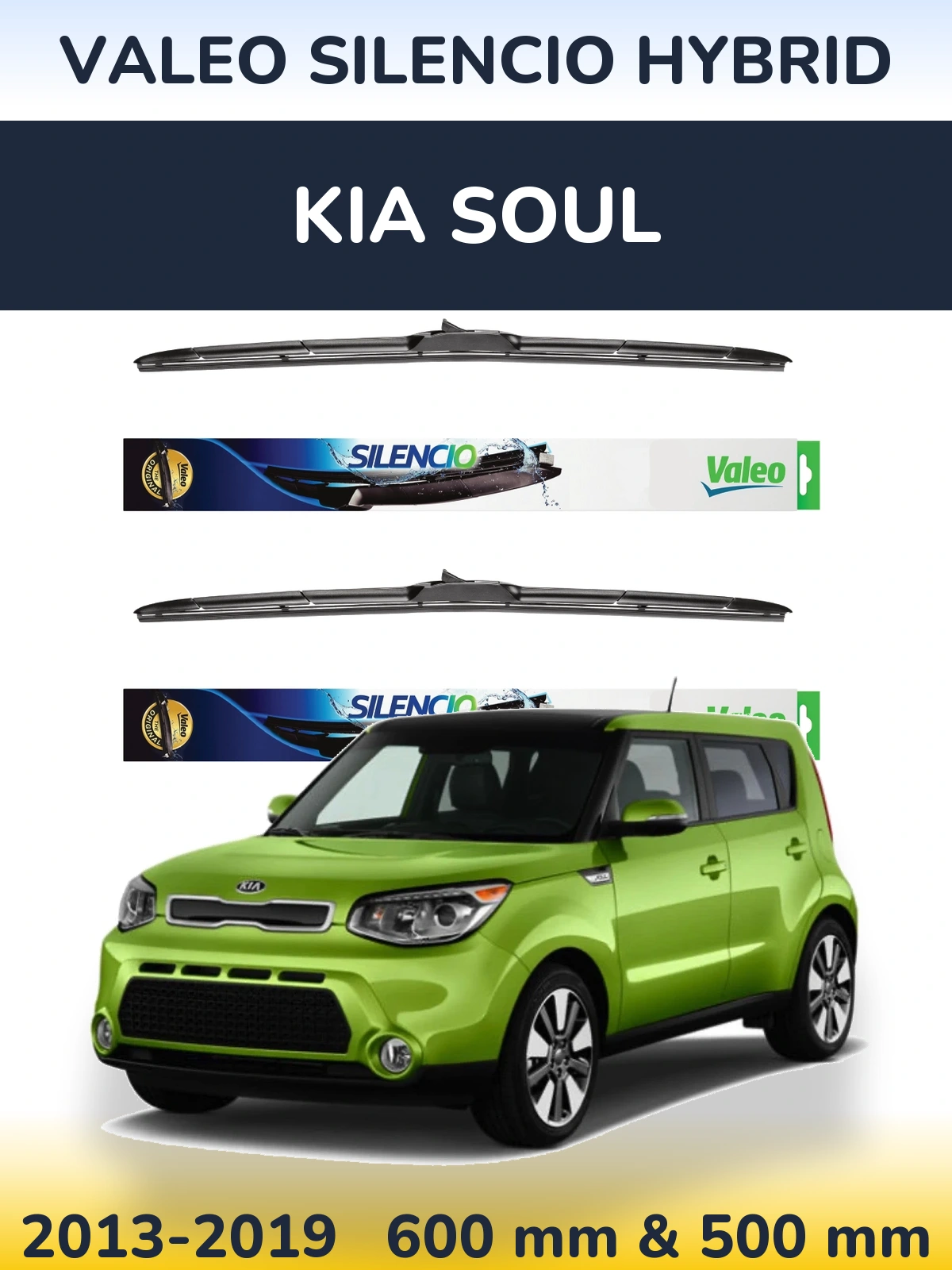 Sada předních stěračů Valeo Silencio Hybrid 600 a 500 mm pro KIA Soul 2013-2019
