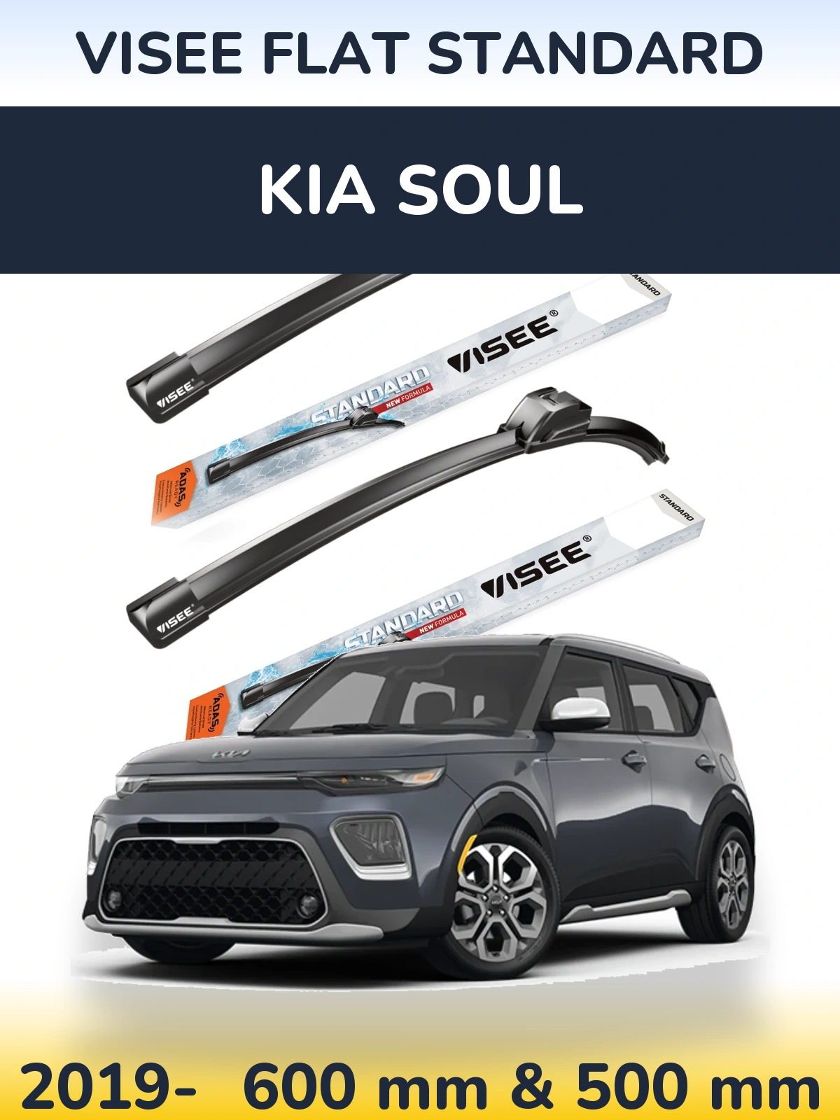 Sada předních stěračů VISEE FLAT STANDARD 600 a 500 mm pro KIA Soul 2019-2026
