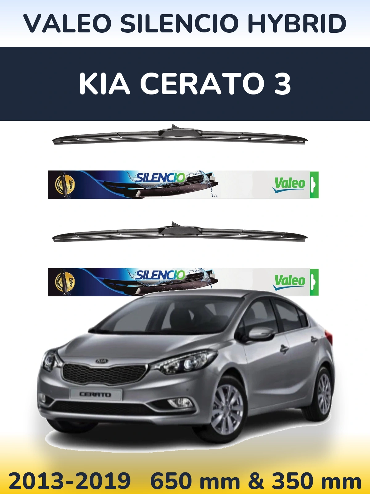 Sada předních stěračů Valeo Silencio Hybrid 650 a 350 mm pro KIA Cerato 3 2013-2019