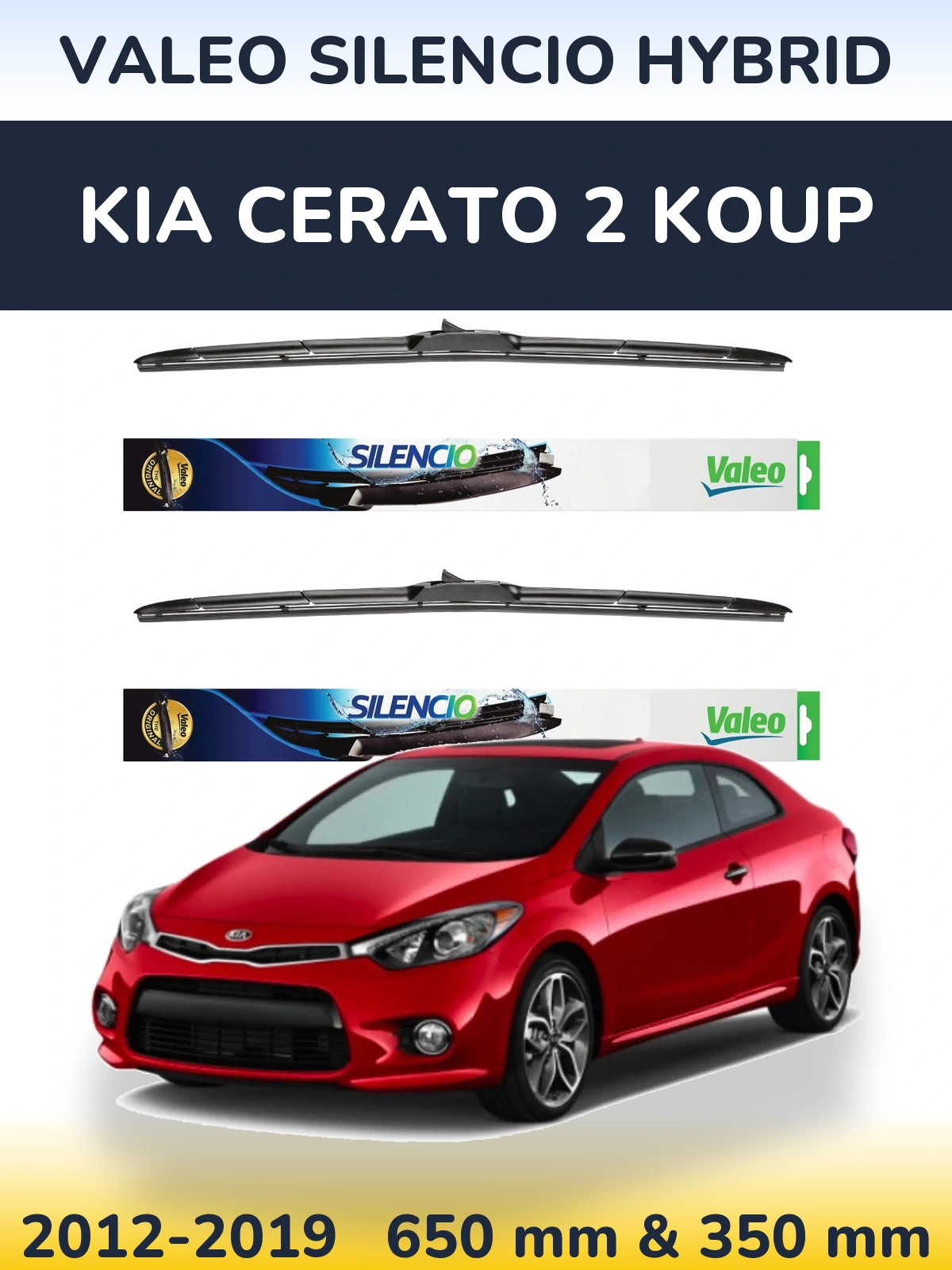Sada předních stěračů Valeo Silencio Hybrid 650 a 350 mm pro KIA Cerato 2 Koup 2012-2019