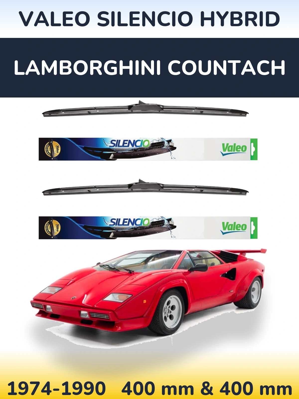 Sada předních stěračů Valeo Silencio Hybrid 400 a 400 mm pro Lamborghini Countach 1974-1990