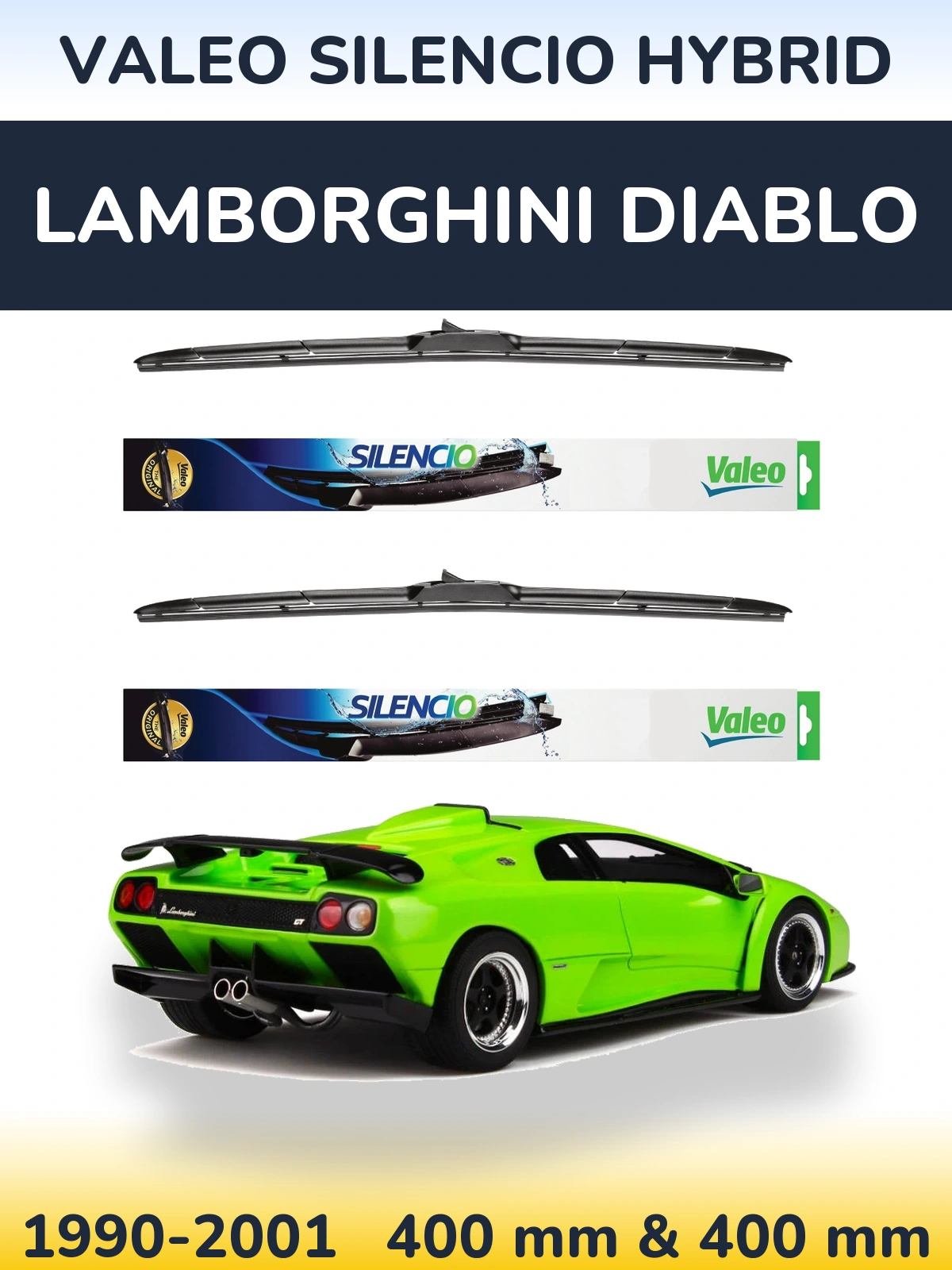 Sada předních stěračů Valeo Silencio Hybrid 400 a 400 mm pro Lamborghini Diablo 1990-2001