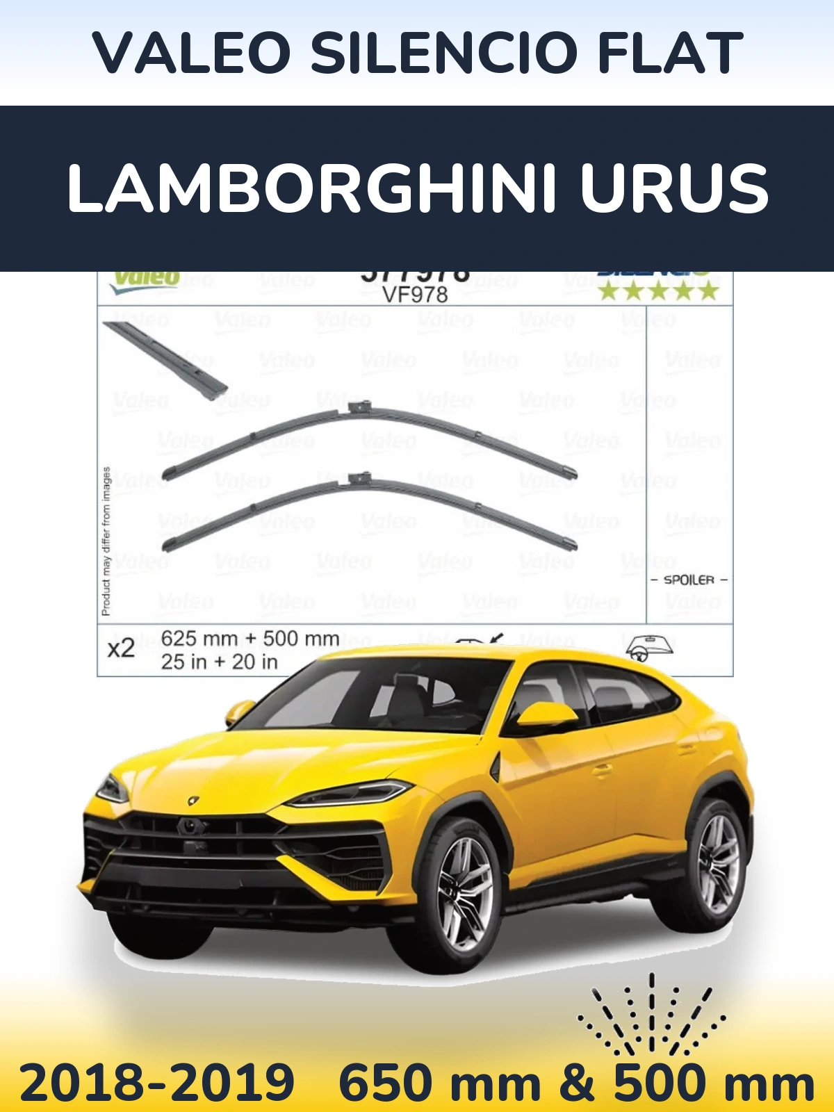 Sada předních stěračů Valeo Silencio Flat 625 a 500 mm pro Lamborghini Urus 2018-2019
