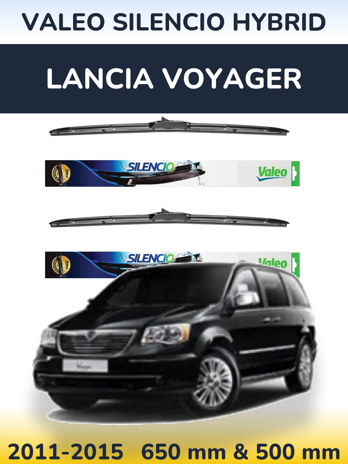 Sada předních stěračů Valeo Silencio Hybrid 650 a 500 mm pro Lancia Voyager 2011-2015