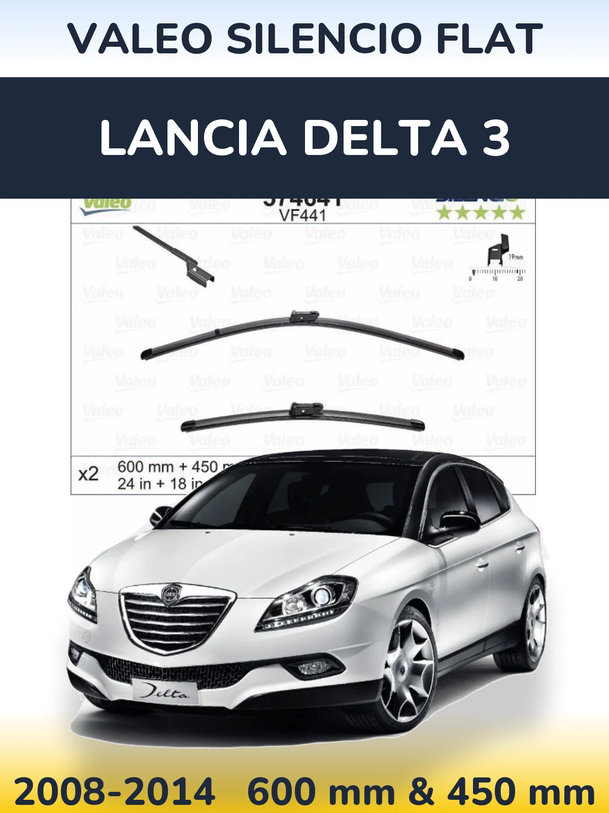 Sada předních stěračů Valeo Silencio Flat 600 a 450 mm pro Lancia Delta 3 2008-2014