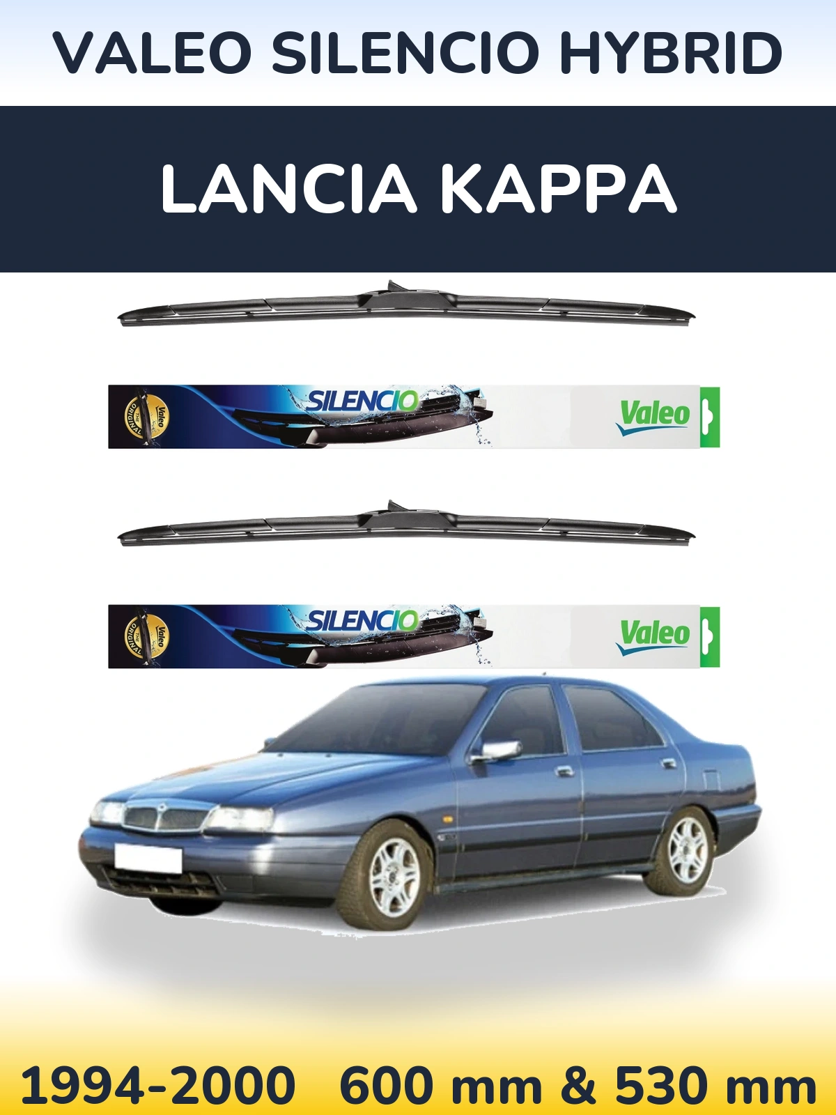 Sada předních stěračů Valeo Silencio Hybrid 600 a 530 mm pro Lancia Kappa 1994-2000
