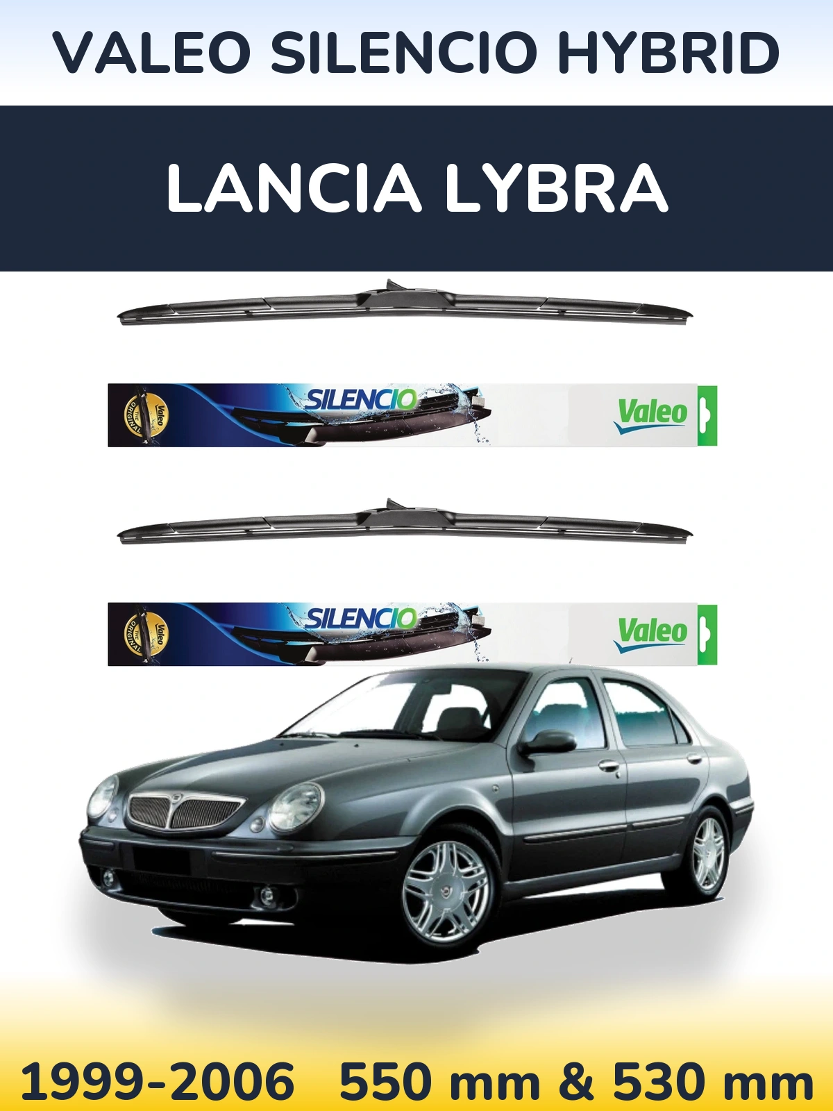 Sada předních stěračů Valeo Silencio Hybrid 550 a 530 mm pro Lancia Lybra 1999-2006