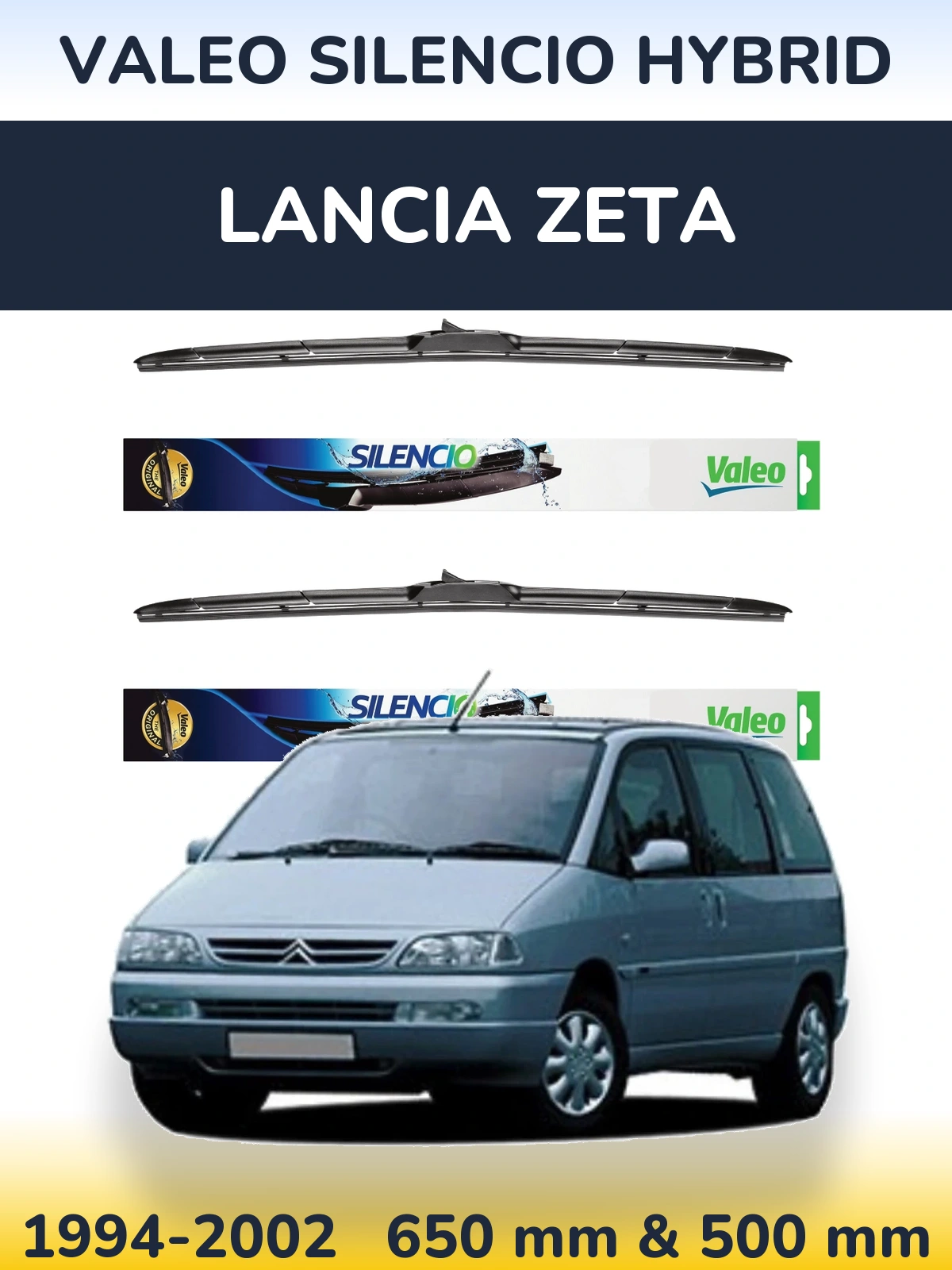 Sada předních stěračů Valeo Silencio Hybrid 650 a 500 mm pro Lancia Zeta 1994-2002