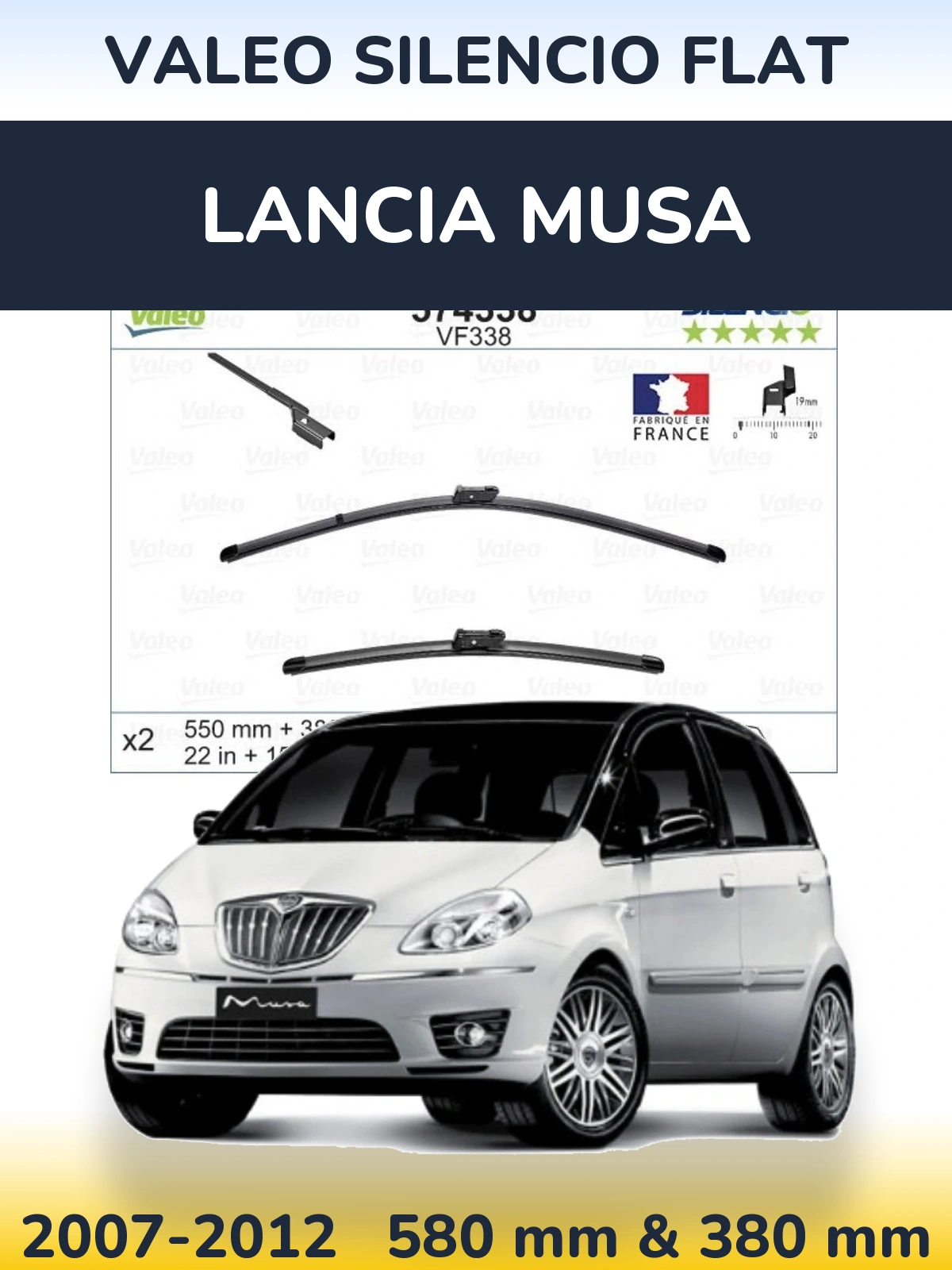 Sada předních stěračů Valeo Silencio Flat 550 a 380 mm pro Lancia Musa 2007-2012