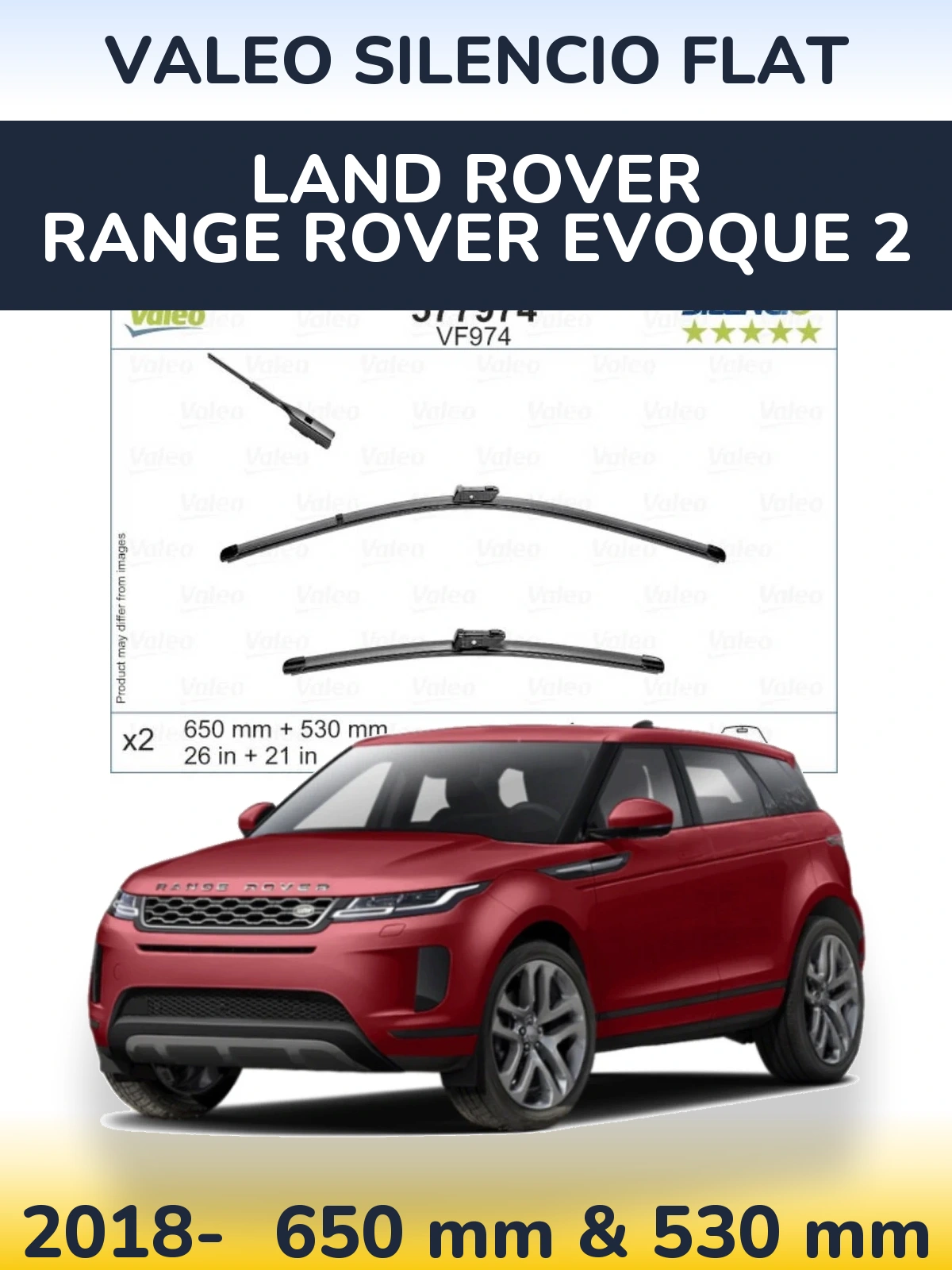 Sada předních stěračů Valeo Silencio Flat 650 a 530 mm pro Land Rover Range Rover  Evoque 2 2018-2026