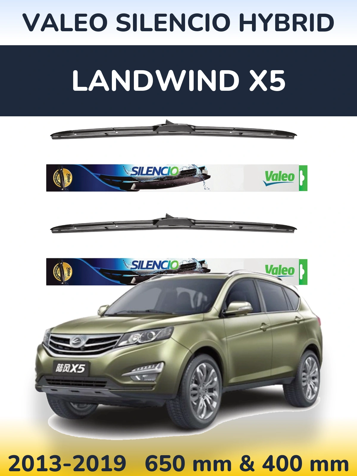 Sada předních stěračů Valeo Silencio Hybrid 650 a 400 mm pro Landwind X5 2013-2019