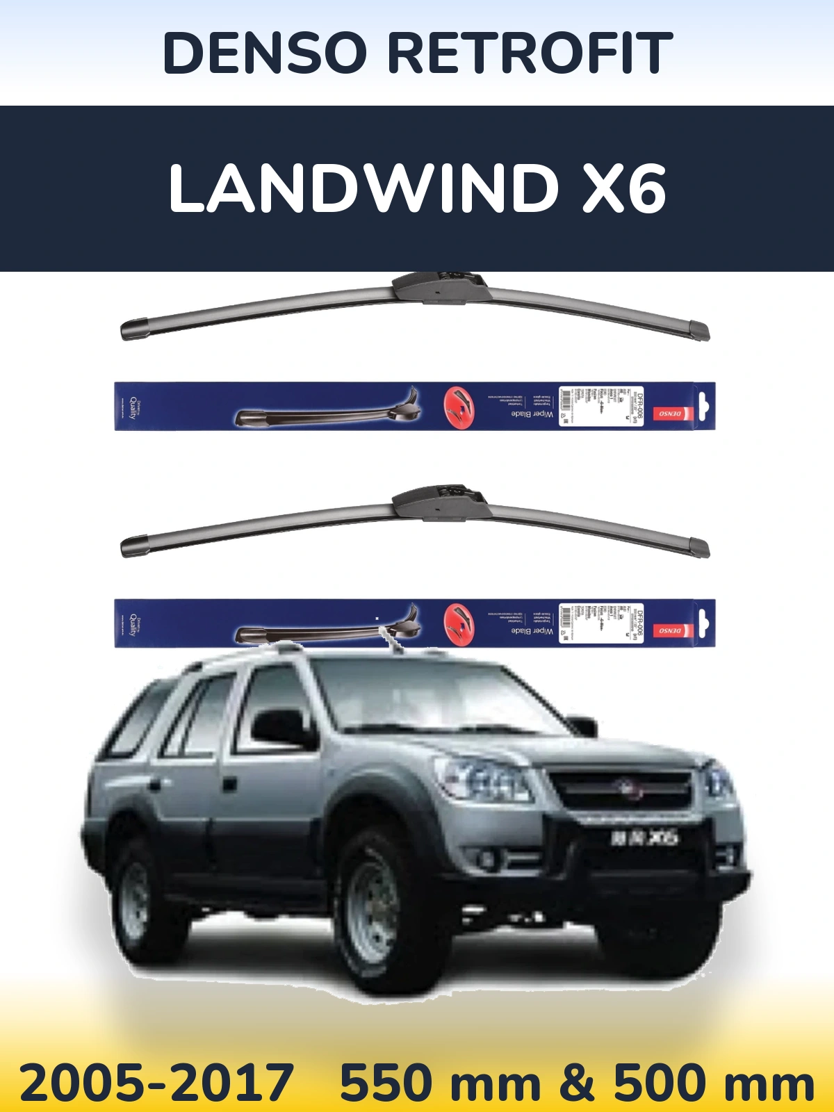 Sada předních stěračů Denso Retrofit 550 a 500 mm pro Landwind X6 2005-2017