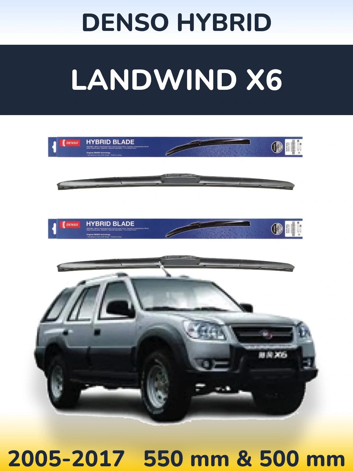 Sada předních stěračů Denso Hybrid 550 a 500 mm pro Landwind X6 2005-2017