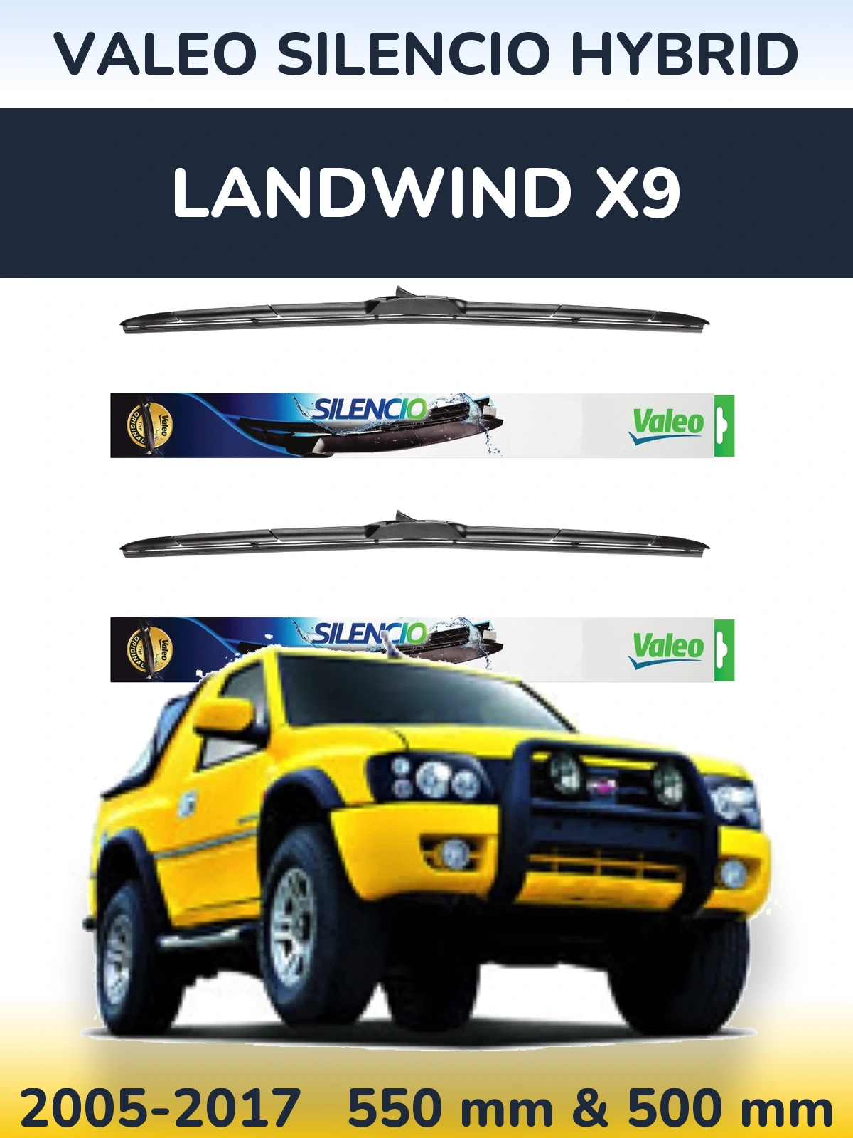 Sada předních stěračů Valeo Silencio Hybrid 550 a 500 mm pro Landwind X9 2005-2017