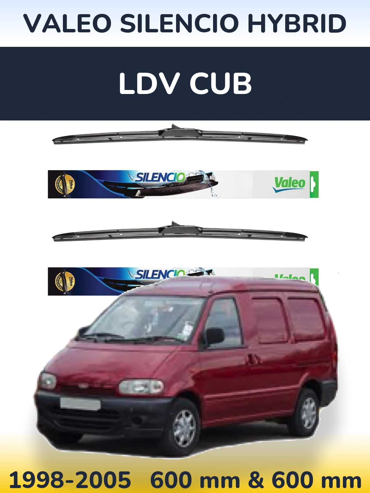 Sada předních stěračů Valeo Silencio Hybrid 600 a 600 mm pro LDV Cub 1998-2005