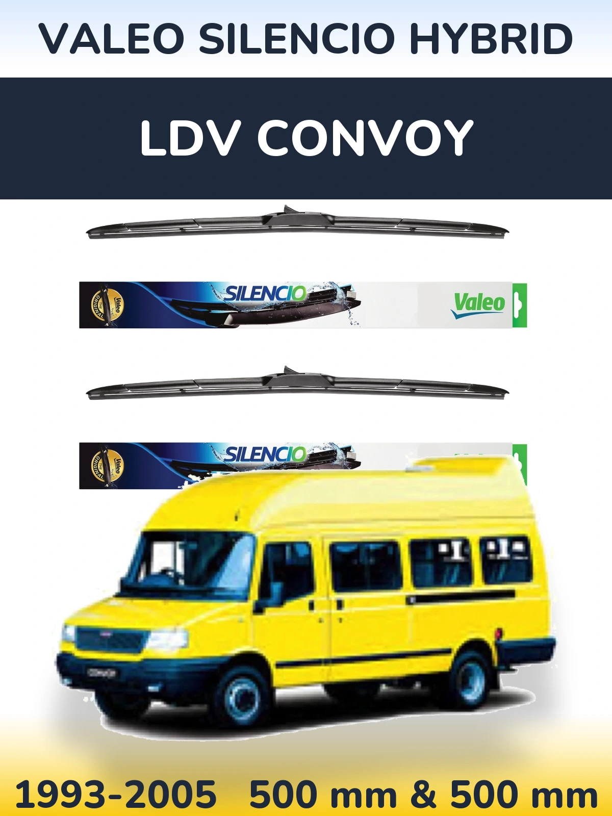Sada předních stěračů Valeo Silencio Hybrid 500 a 500 mm pro LDV Convoy 1993-2005