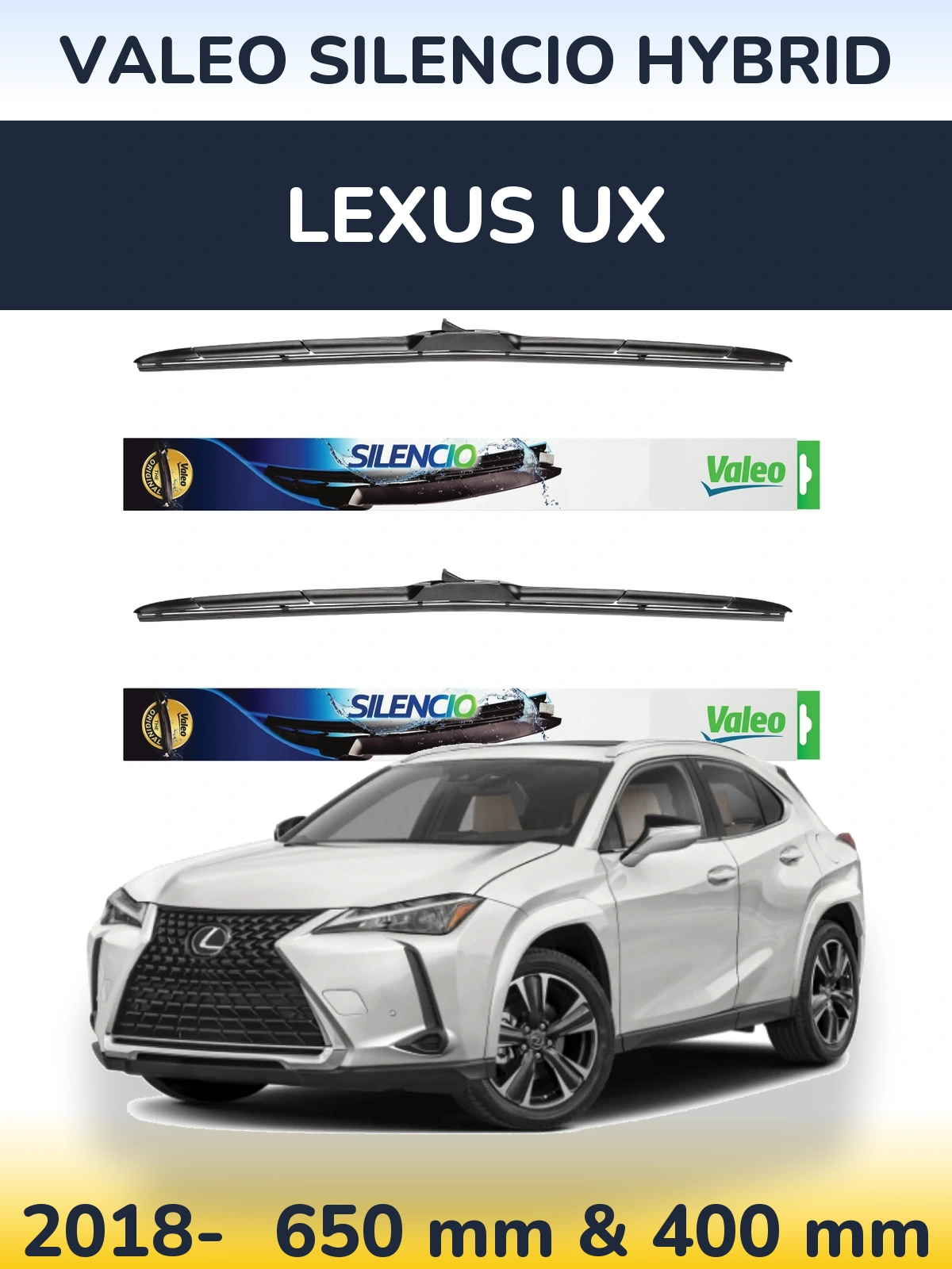 Sada předních stěračů Valeo Silencio Hybrid 650 a 400 mm pro Lexus UX 2018-2026