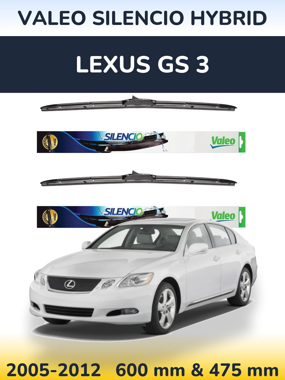 Sada předních stěračů Valeo Silencio Hybrid 600 a 475 mm pro Lexus GS 3 2005-2012
