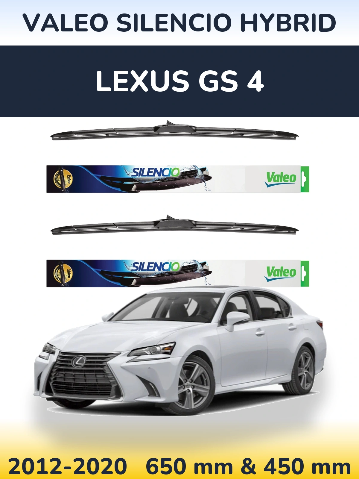 Sada předních stěračů Valeo Silencio Hybrid 650 a 450 mm pro Lexus GS 4 2012-2020