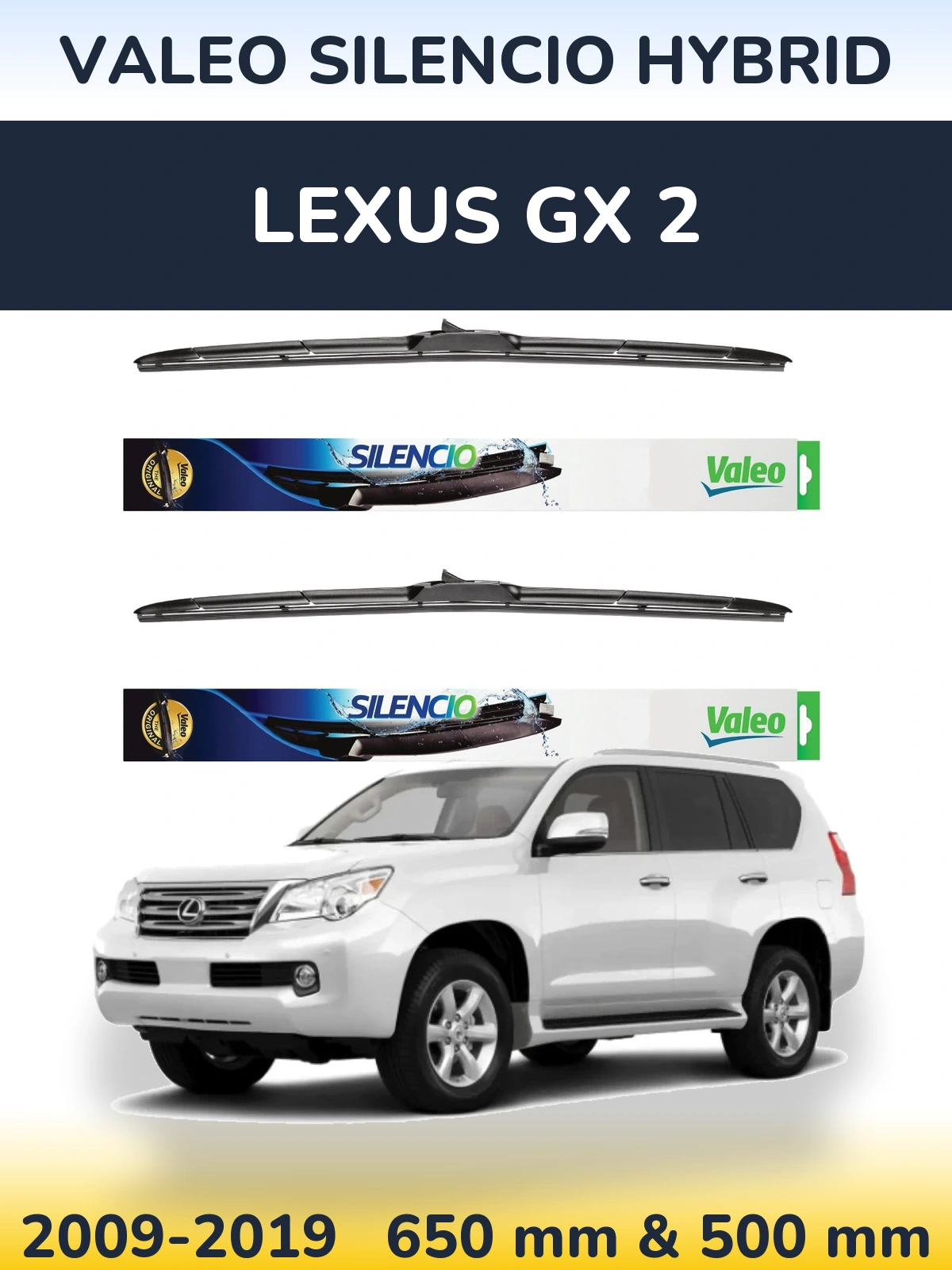 Sada předních stěračů Valeo Silencio Hybrid 650 a 500 mm pro Lexus GX 2 2009-2019