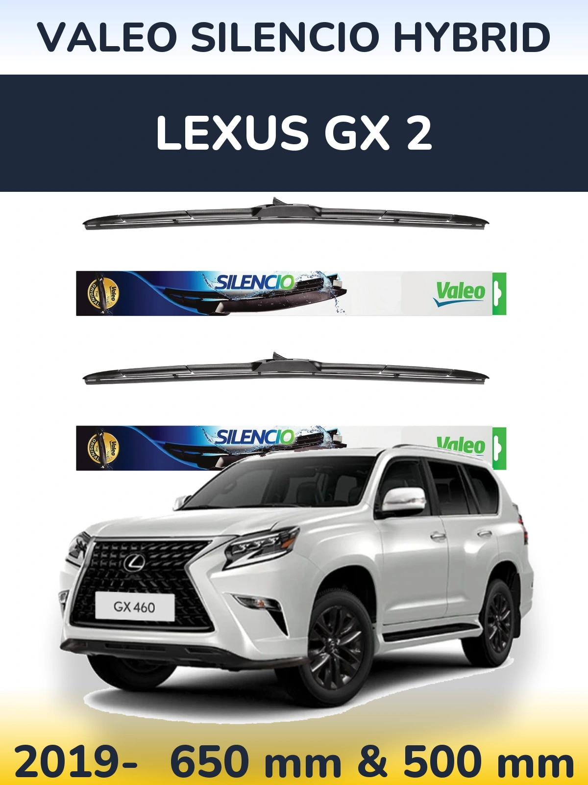 Sada předních stěračů Valeo Silencio Hybrid 650 a 500 mm pro Lexus GX 2 2019-2026
