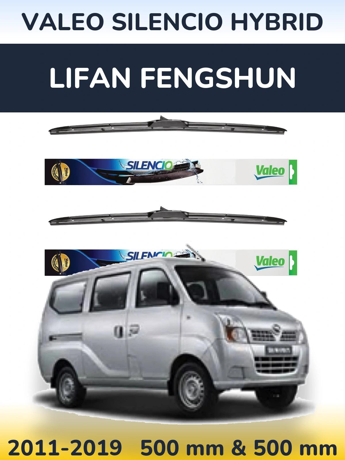 Sada předních stěračů Valeo Silencio Hybrid 500 a 500 mm pro Lifan Fengshun 2011-2019