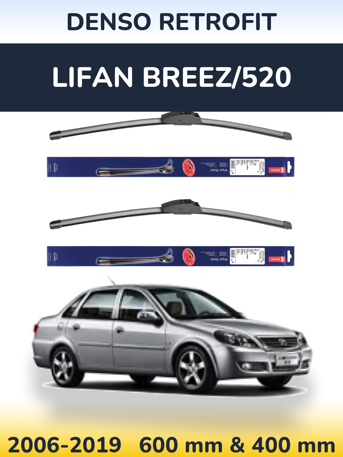 Sada předních stěračů Denso Retrofit 600 a 400 mm pro Lifan Breez/520 2006-2019