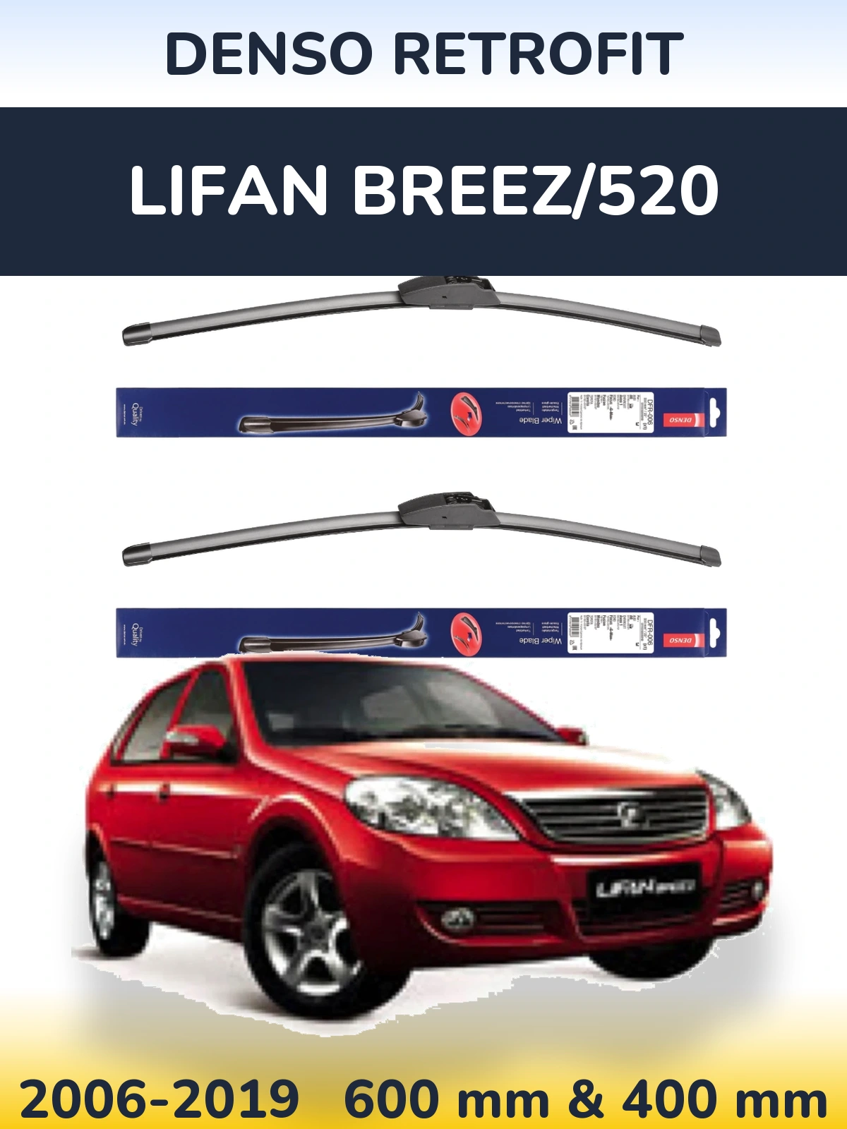 Sada předních stěračů Denso Retrofit 600 a 400 mm pro Lifan Breez/520 2006-2019