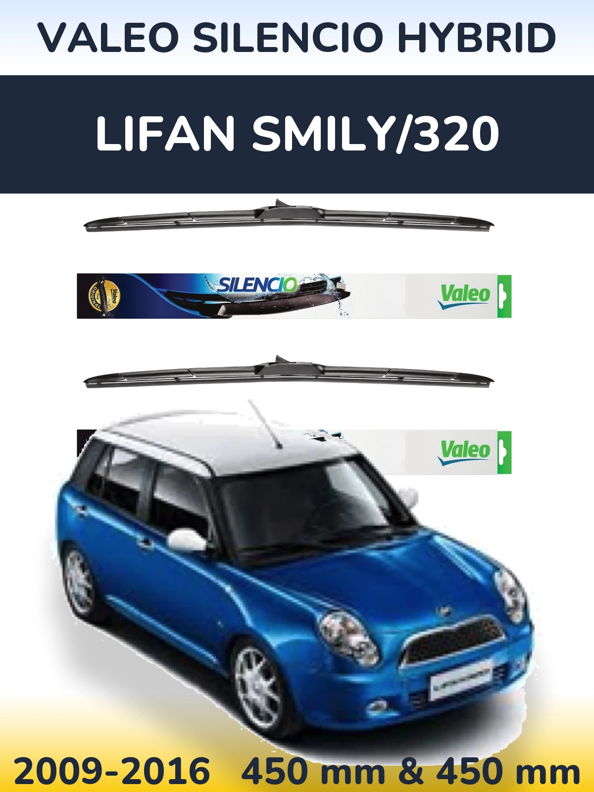 Sada předních stěračů Valeo Silencio Hybrid 450 a 450 mm pro Lifan Smily/320 2009-2016