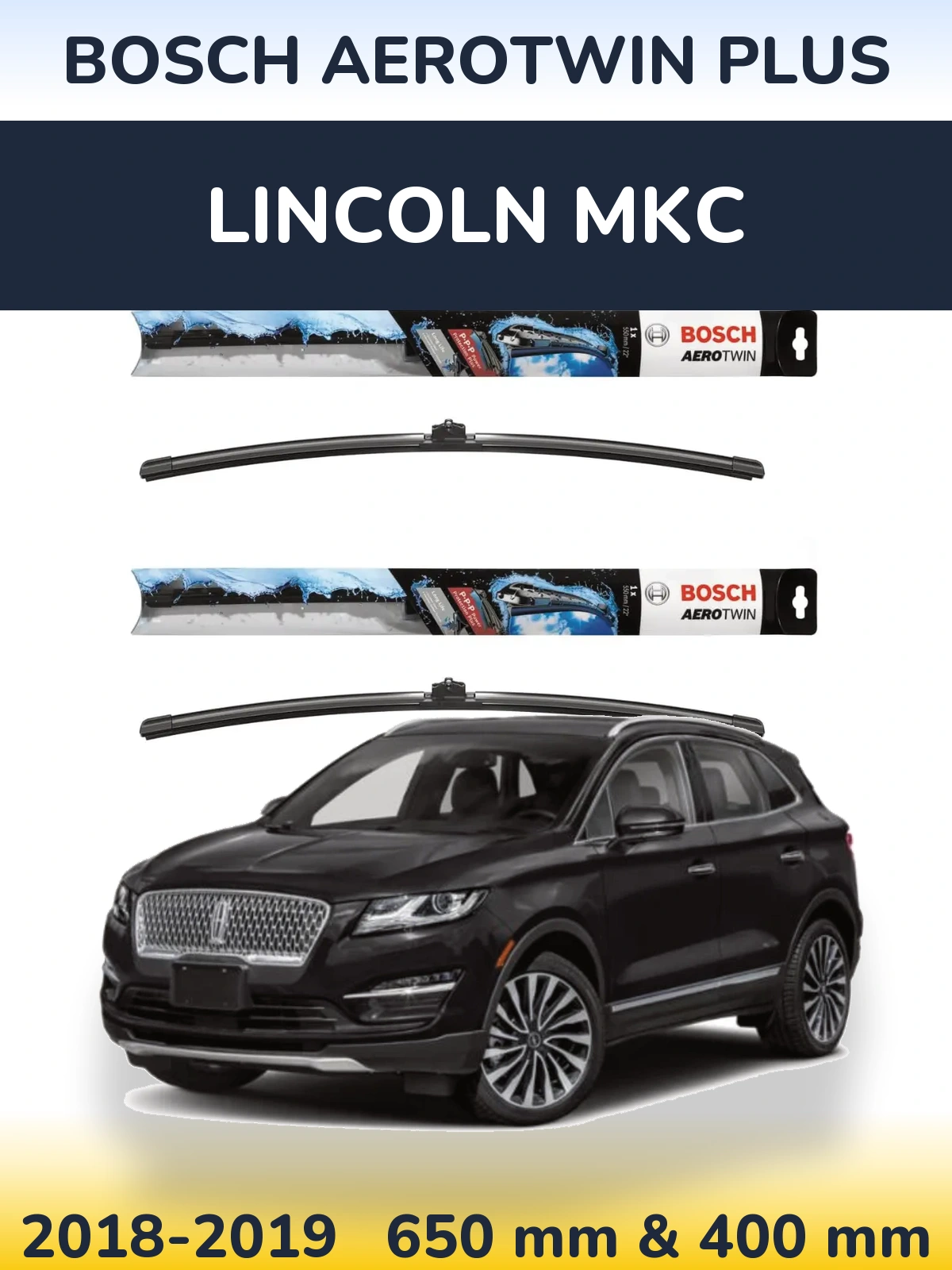 Sada předních stěračů BOSCH AeroTwin Plus 650 a 400 mm pro Lincoln MKC 2018-2019