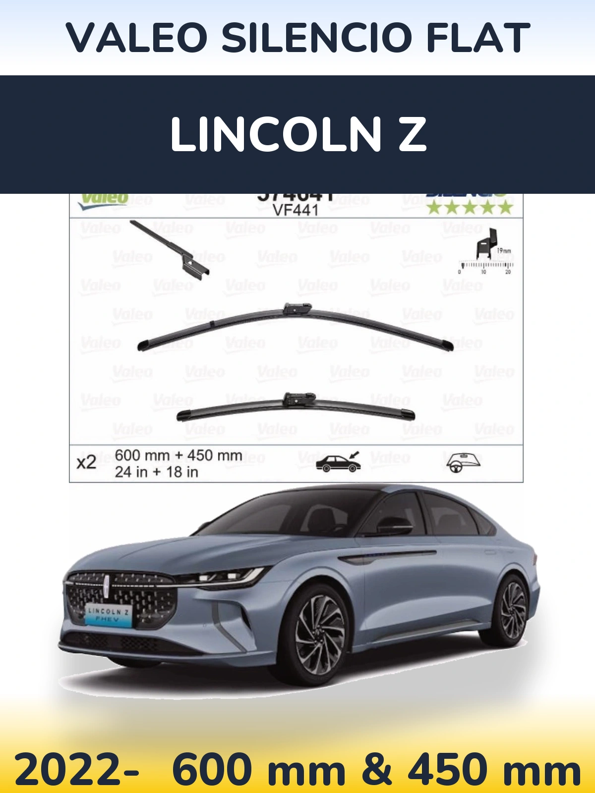 Sada předních stěračů Valeo Silencio Flat 600 a 450 mm pro Lincoln Z 2022-2026