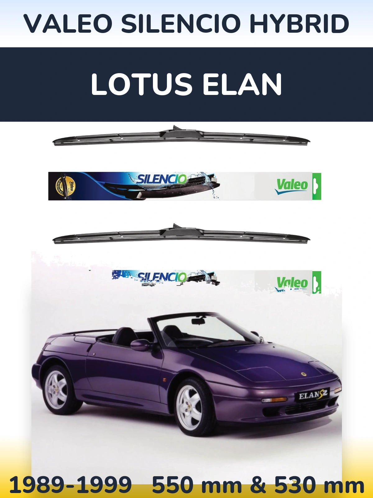 Sada předních stěračů Valeo Silencio Hybrid 550 a 530 mm pro Lotus Elan 1989-1999