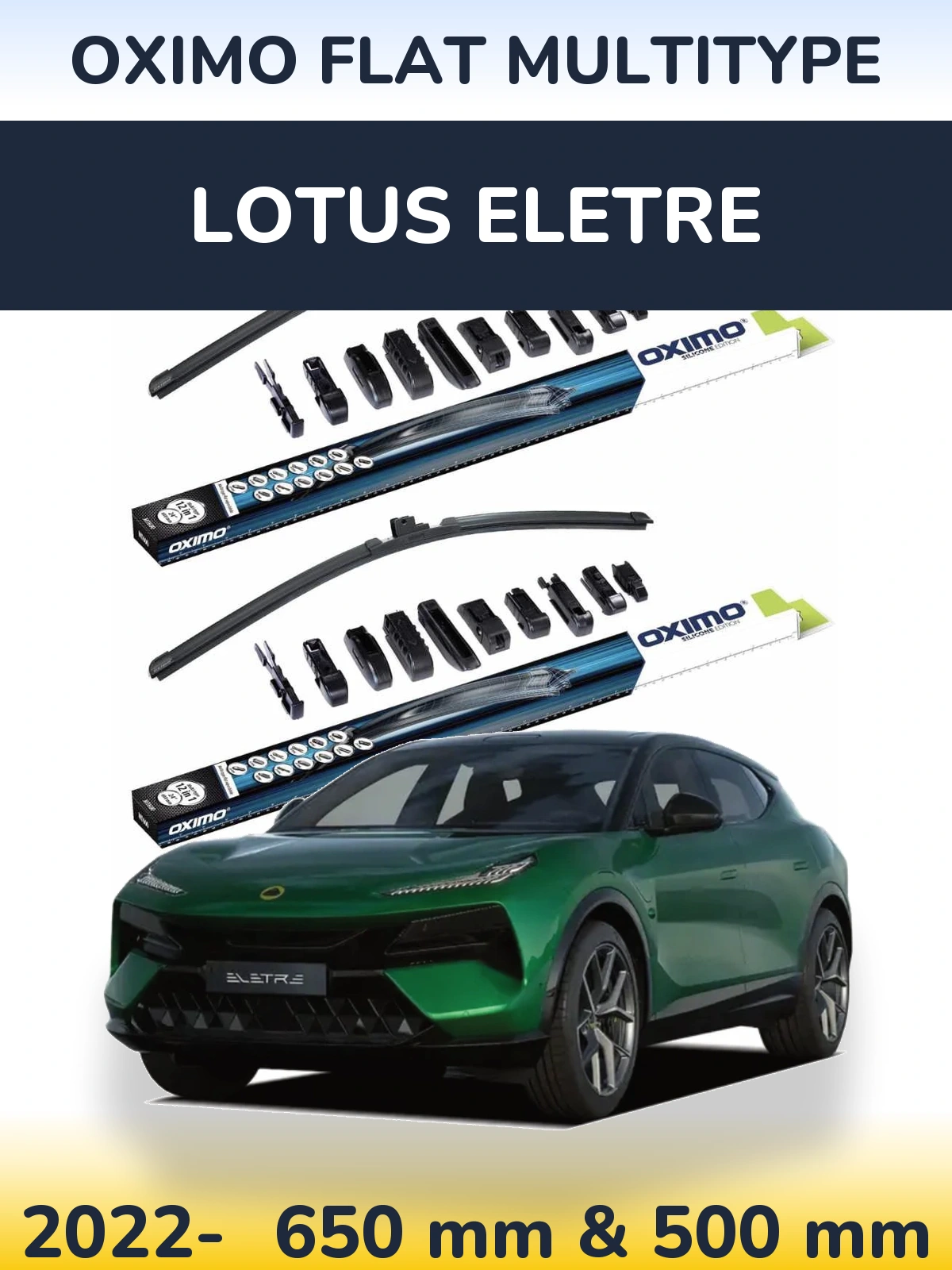 Sada předních stěračů Oximo Flat MultiType 650 a 500 mm pro Lotus Eletre 2022-2026