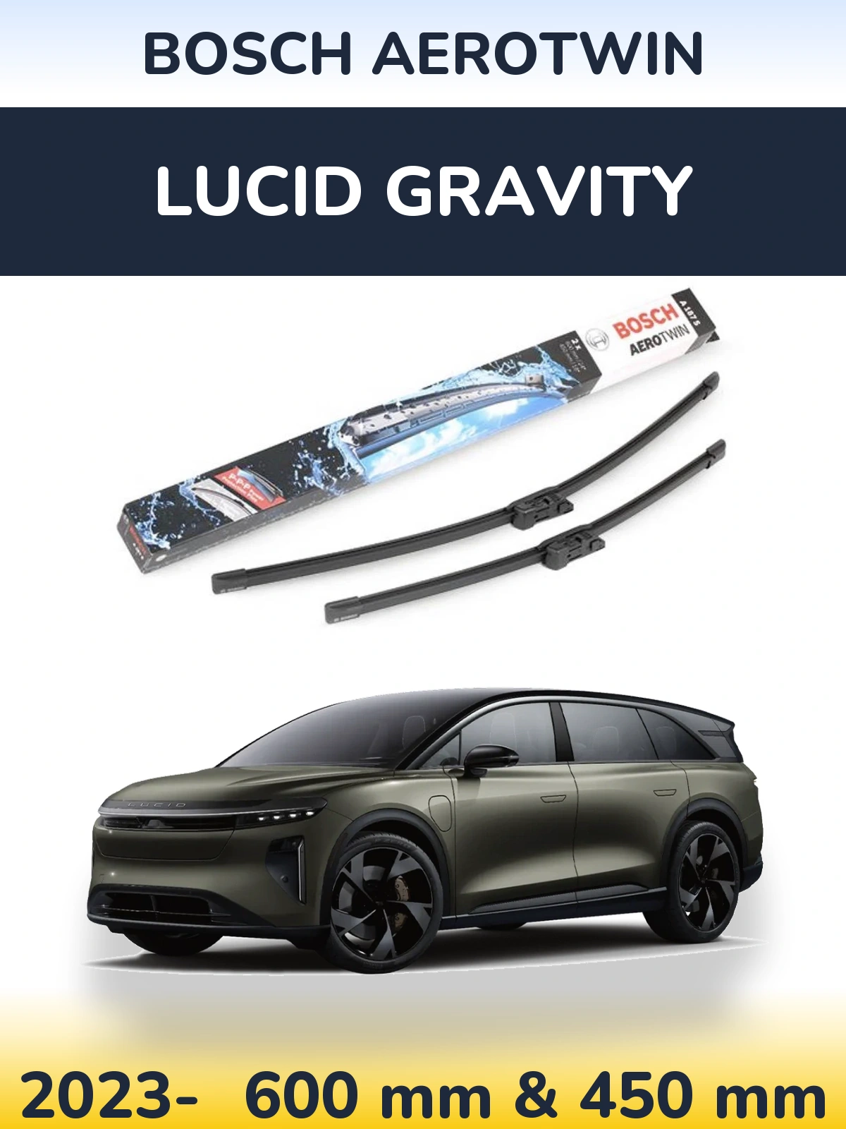 Sada předních stěračů BOSCH AeroTwin 600 a 450 mm pro Lucid Gravity 2023-2026