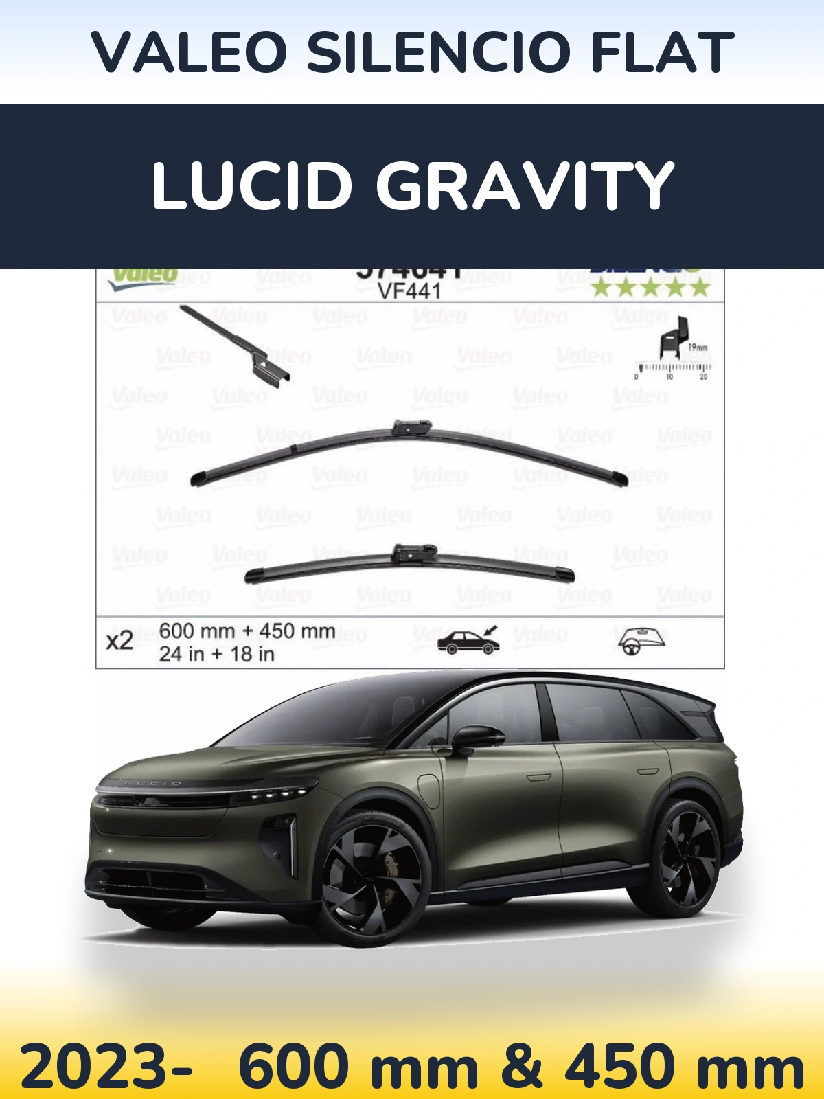 Sada předních stěračů Valeo Silencio Flat 600 a 450 mm pro Lucid Gravity 2023-2026