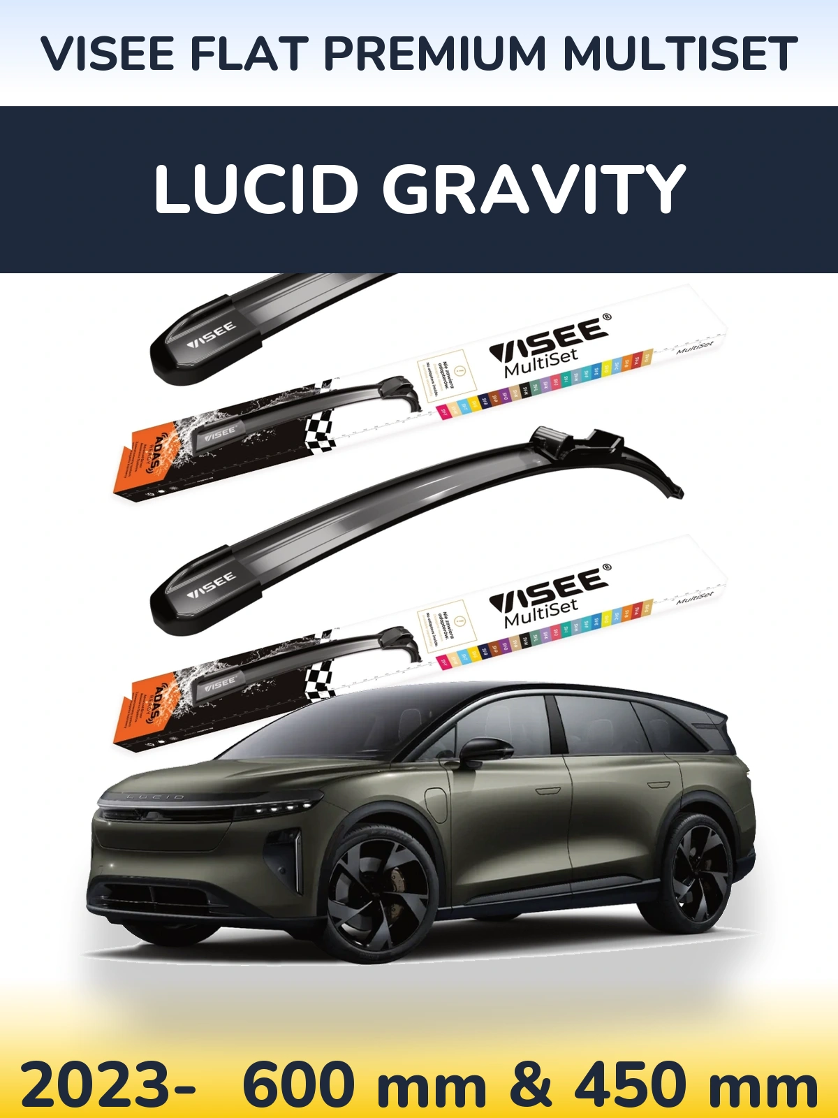 Sada předních stěračů VISEE FLAT PREMIUM MultiSet 600 a 450 mm pro Lucid Gravity 2023-2026