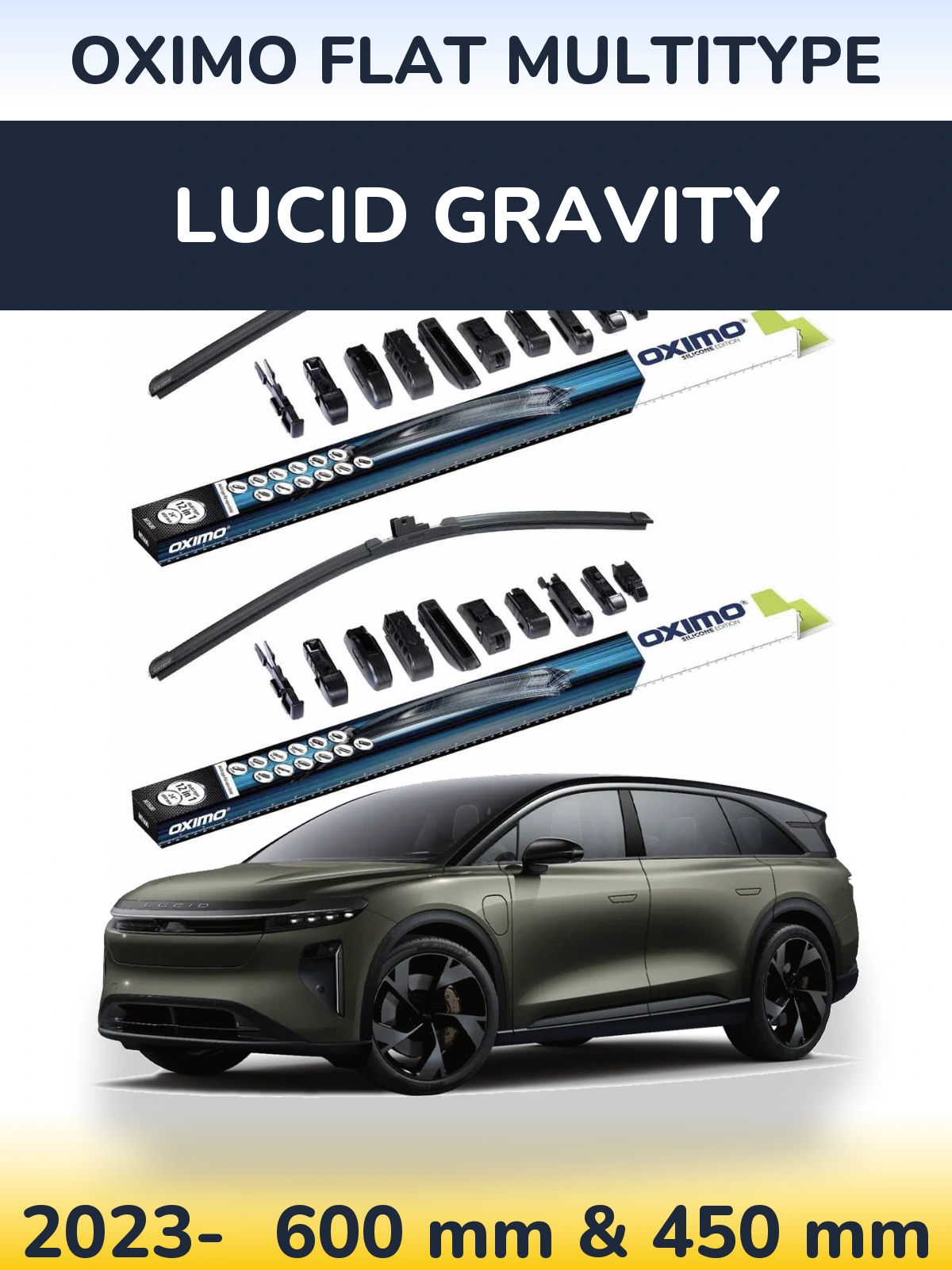 Sada předních stěračů Oximo Flat MultiType 600 a 450 mm pro Lucid Gravity 2023-2026