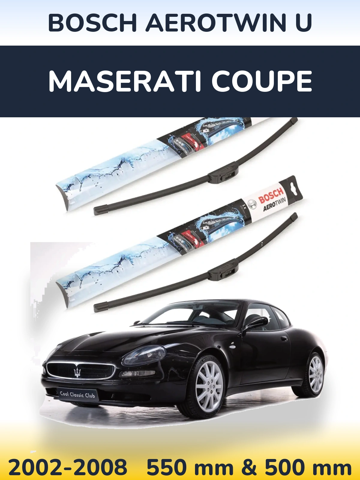 Sada předních stěračů BOSCH AeroTwin U 550 a 500 mm pro Maserati Coupe 2002-2008