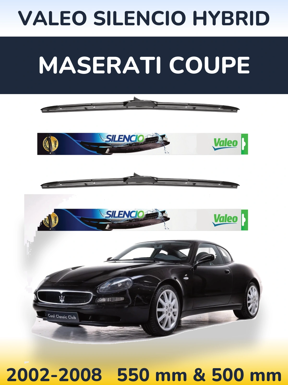 Sada předních stěračů Valeo Silencio Hybrid 550 a 500 mm pro Maserati Coupe 2002-2008