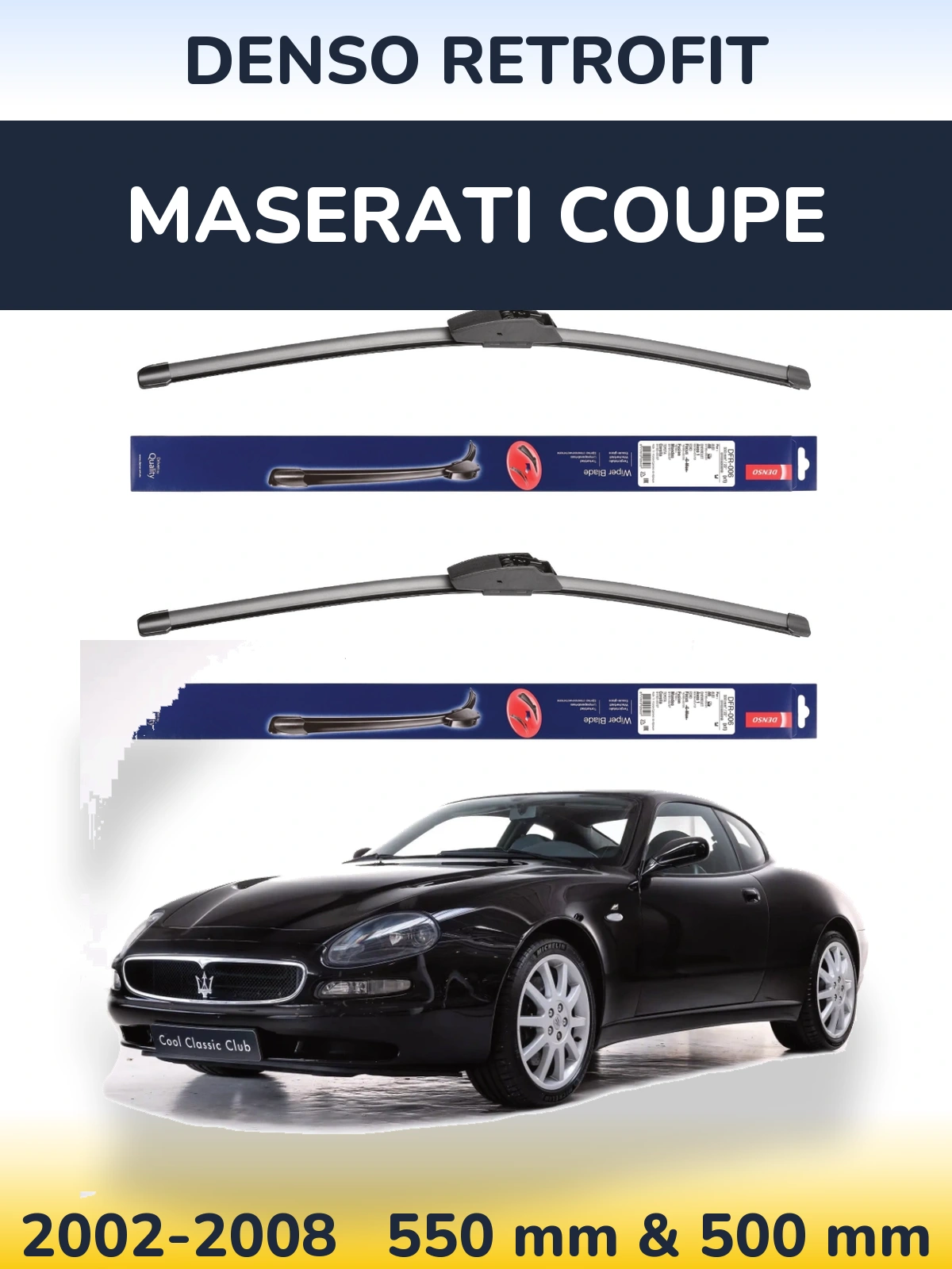 Sada předních stěračů Denso Retrofit 550 a 500 mm pro Maserati Coupe 2002-2008