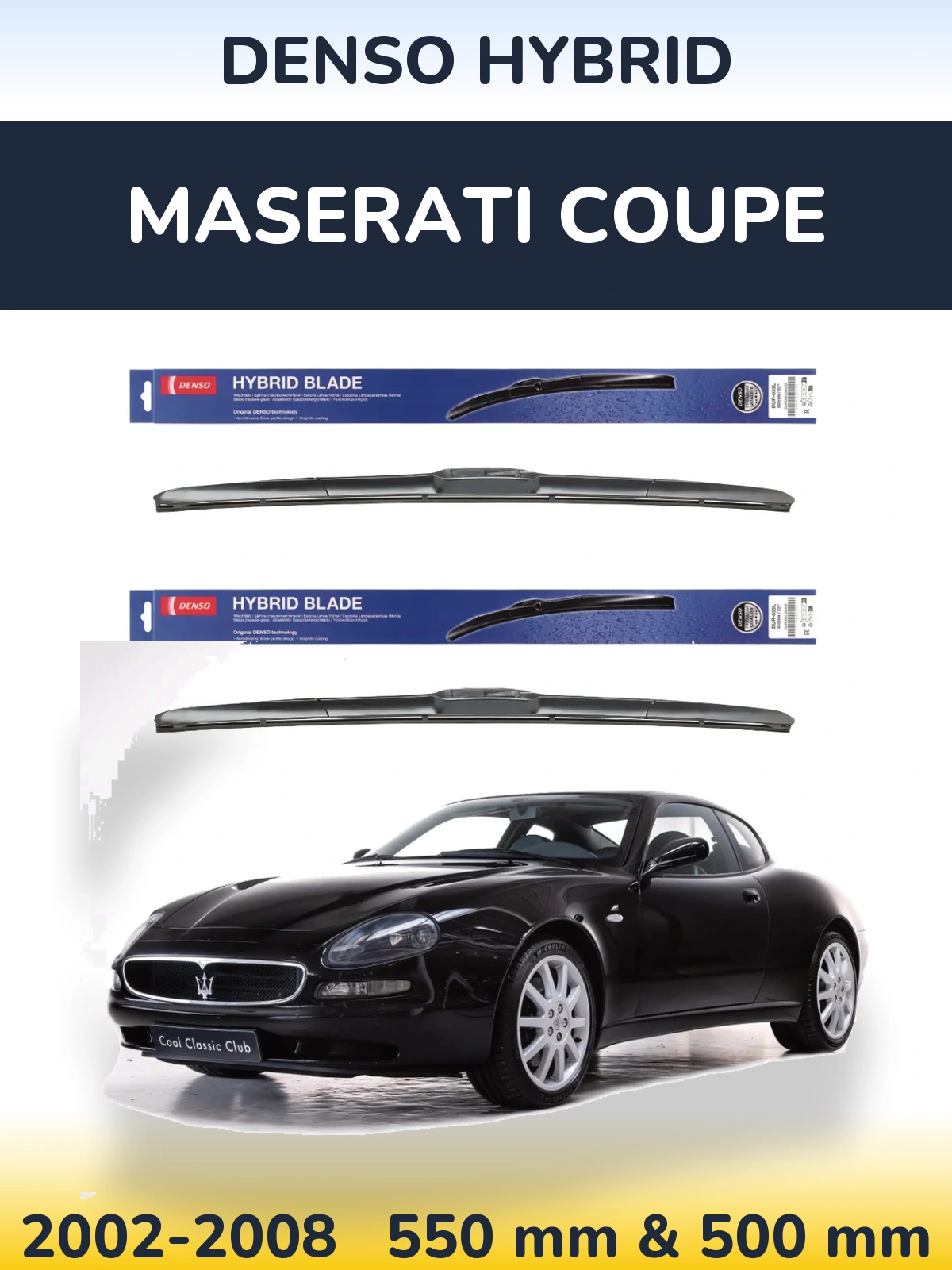 Sada předních stěračů Denso Hybrid 550 a 500 mm pro Maserati Coupe 2002-2008