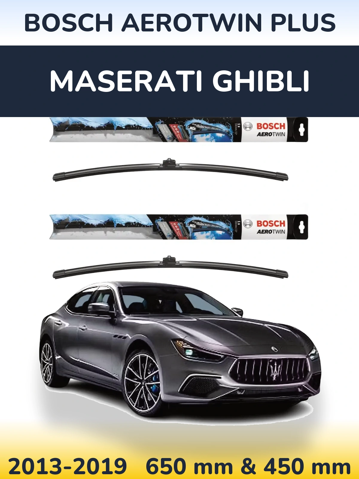 Sada předních stěračů BOSCH AeroTwin Plus 650 a 450 mm pro Maserati Ghibli 2013-2019