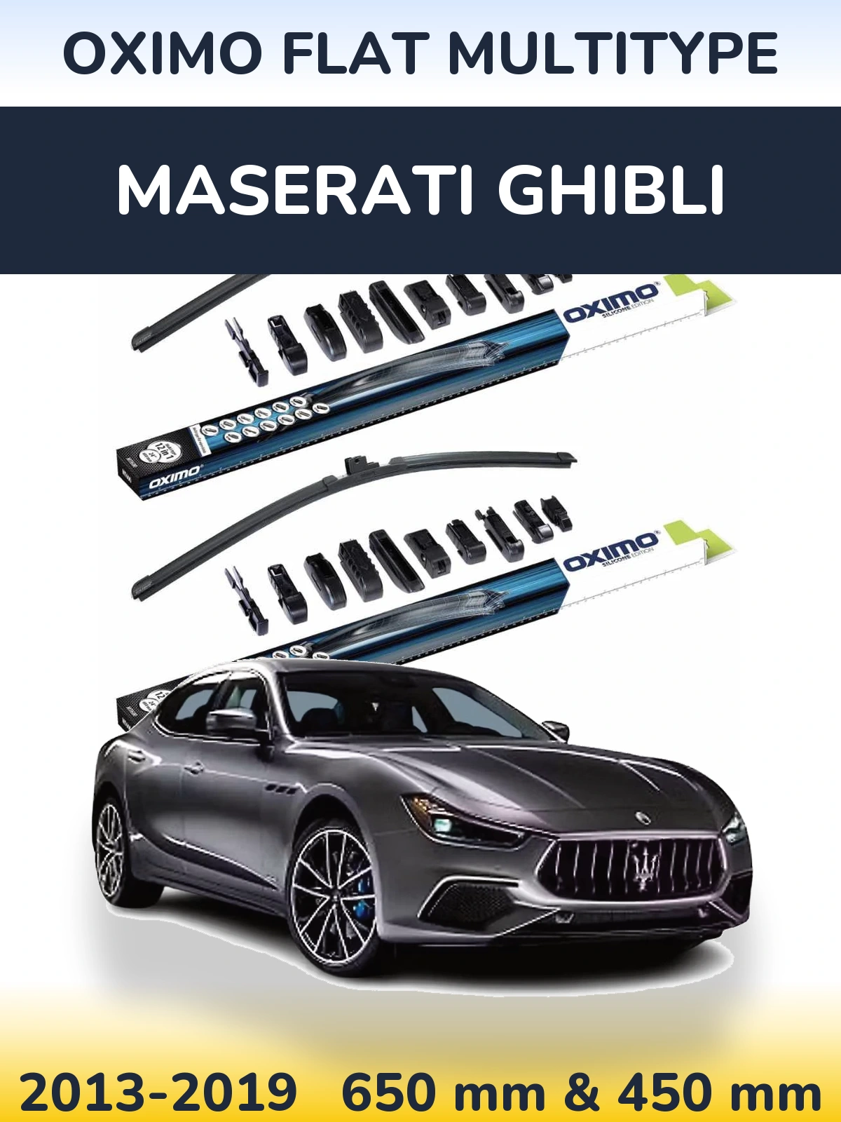 Sada předních stěračů Oximo Flat MultiType 650 a 450 mm pro Maserati Ghibli 2013-2019