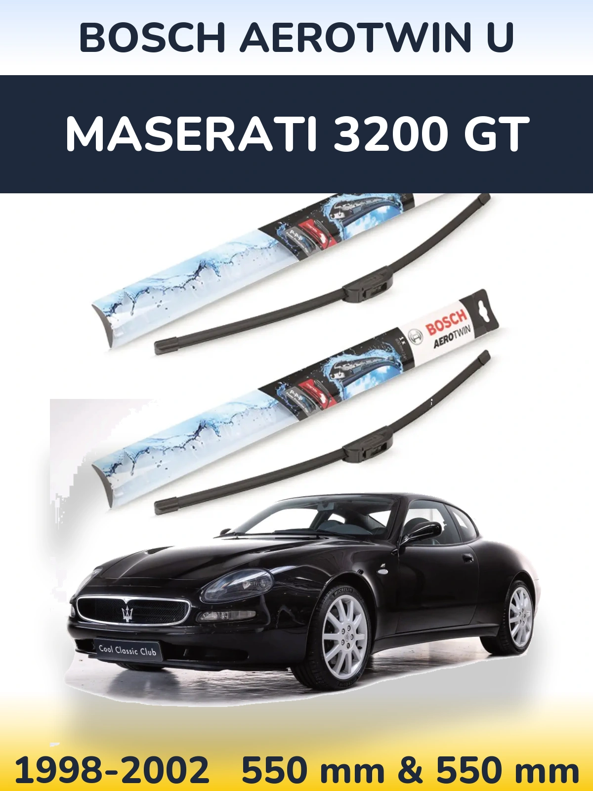 Sada předních stěračů BOSCH AeroTwin U 550 a 550 mm pro Maserati 3200 GT 1998-2002