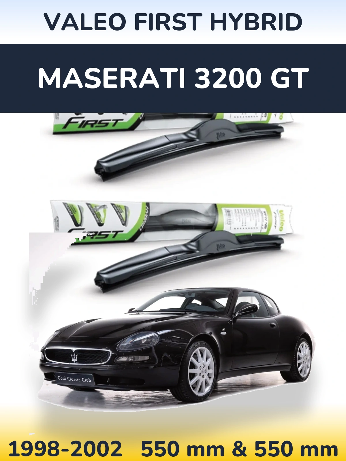 Sada předních stěračů Valeo First Hybrid 550 a 550 mm pro Maserati 3200 GT 1998-2002